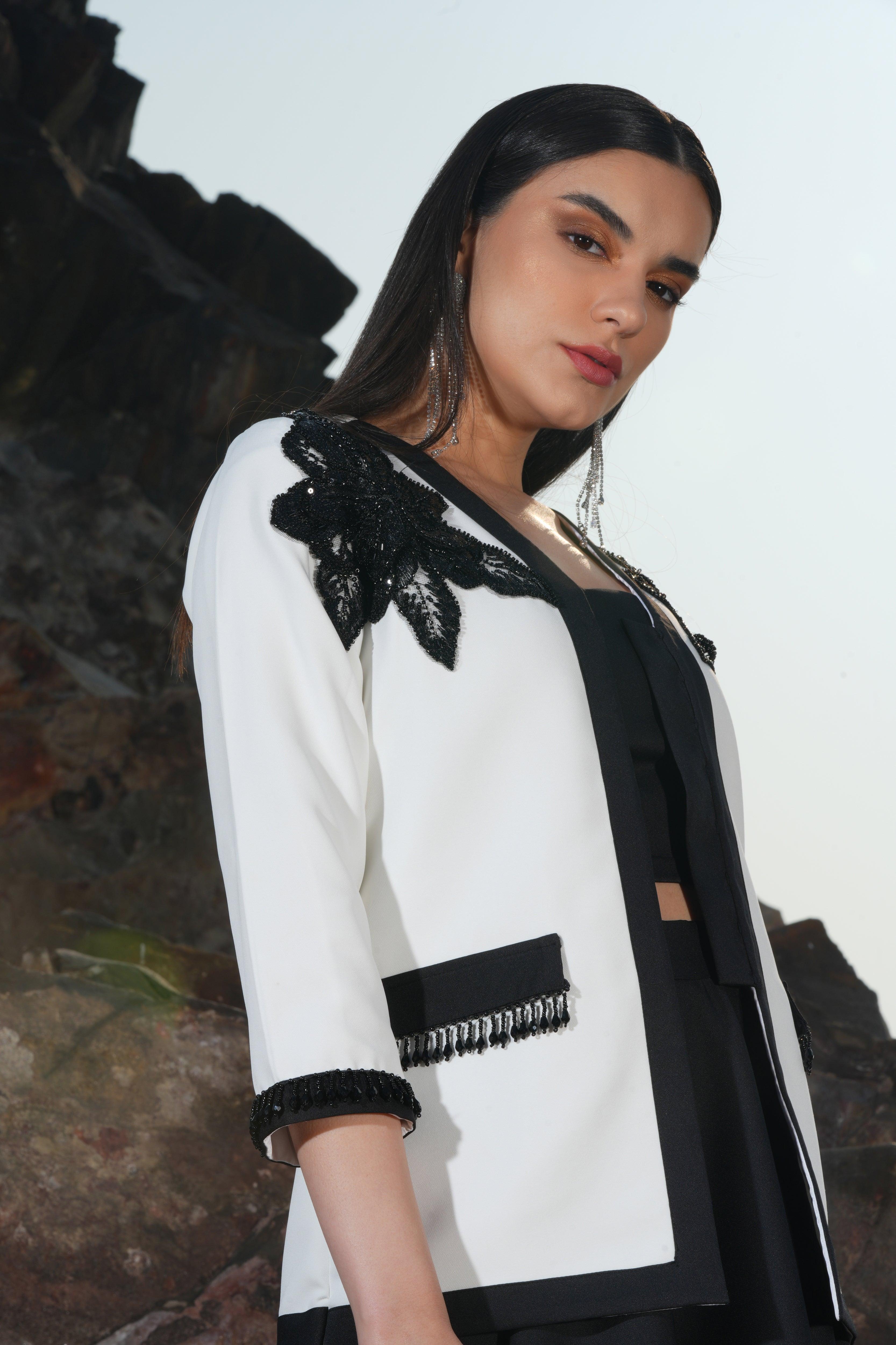 IVORY AND BLACK BEADED FLOWER  SKIRT SET