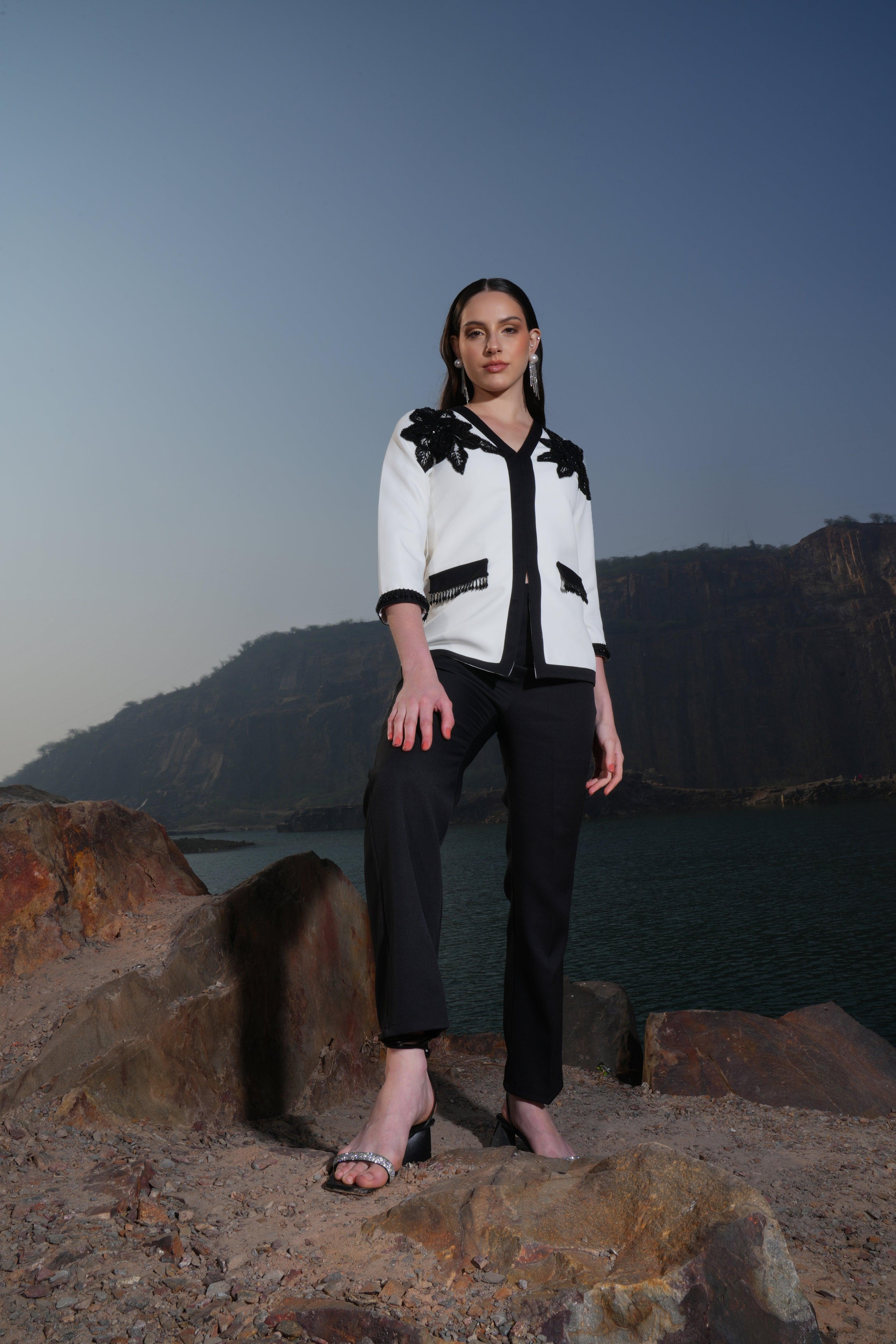 IVORY AND BLACK BEADED FLOWER  JACKET