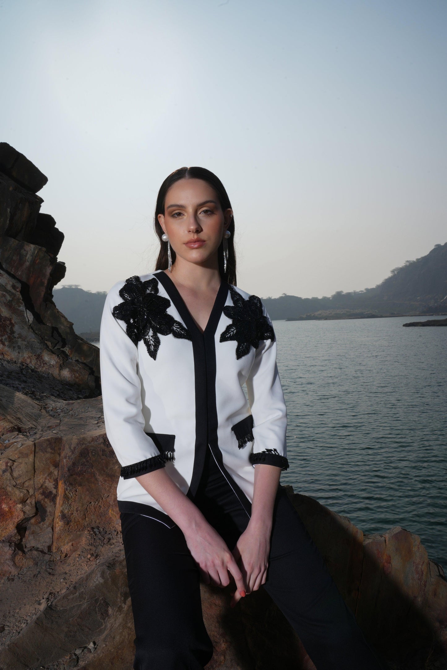 IVORY AND BLACK BEADED FLOWER  JACKET