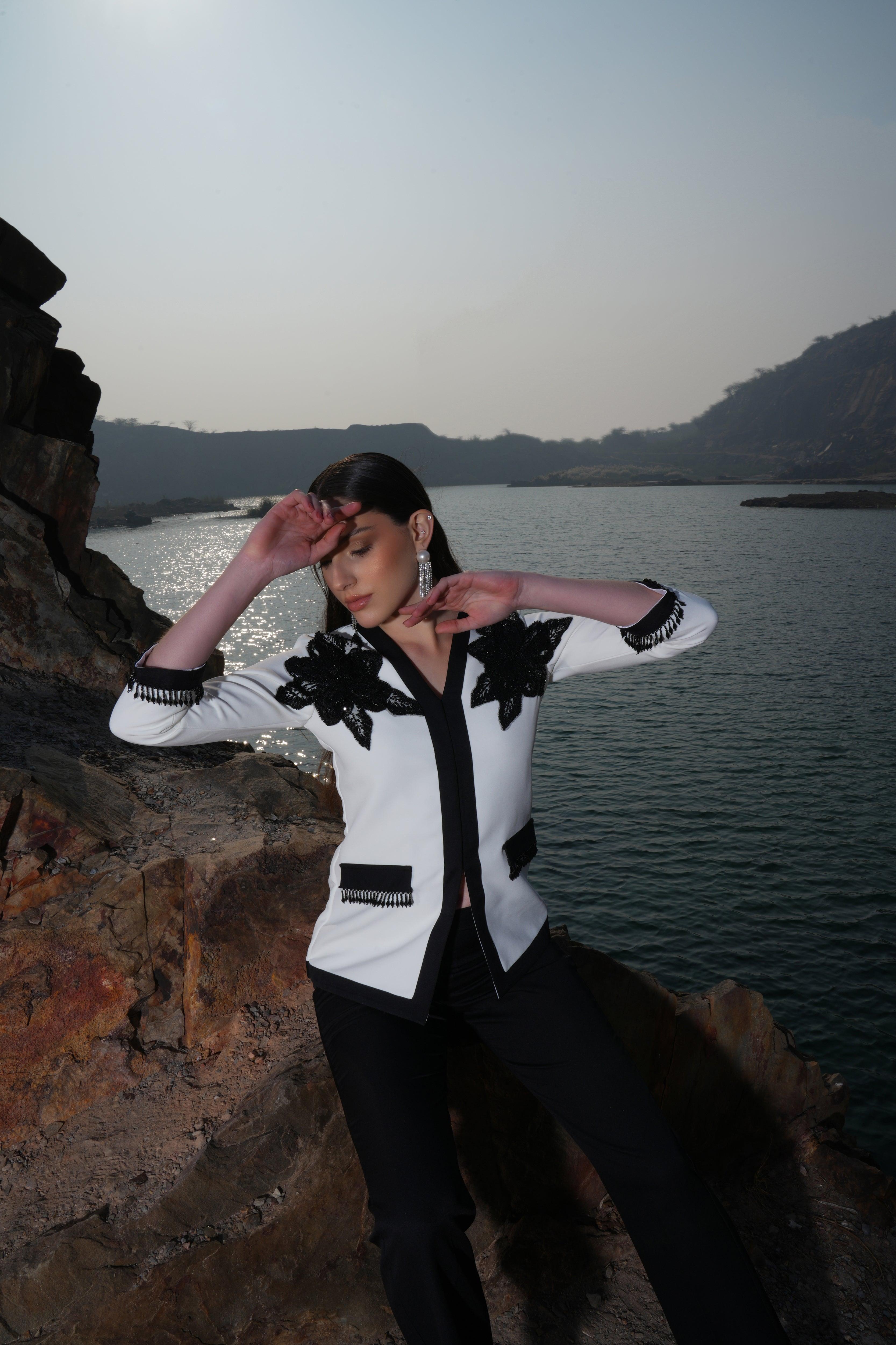 IVORY AND BLACK BEADED FLOWER  JACKET