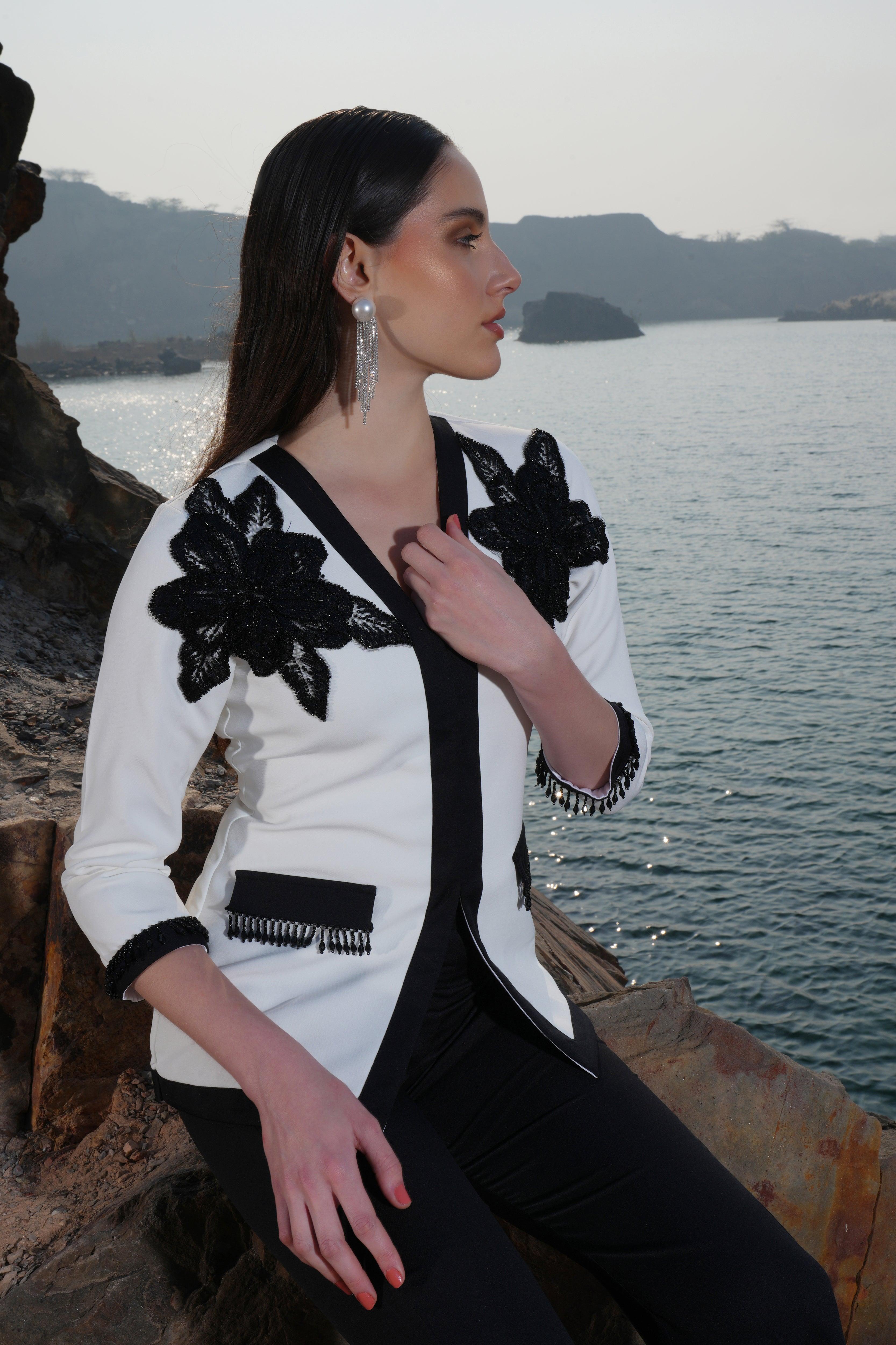 IVORY AND BLACK BEADED FLOWER  JACKET