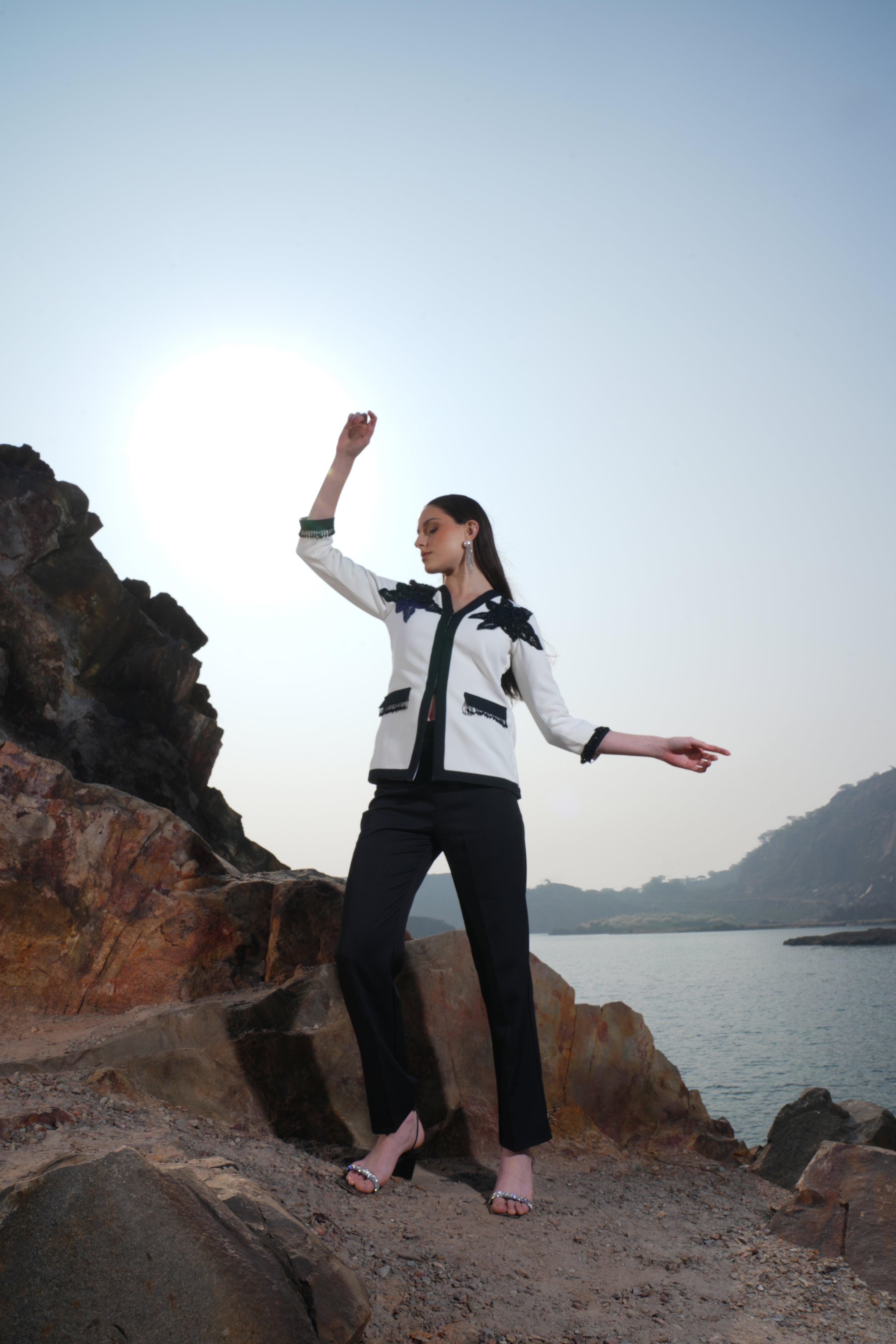 IVORY AND BLACK BEADED FLOWER  JACKET