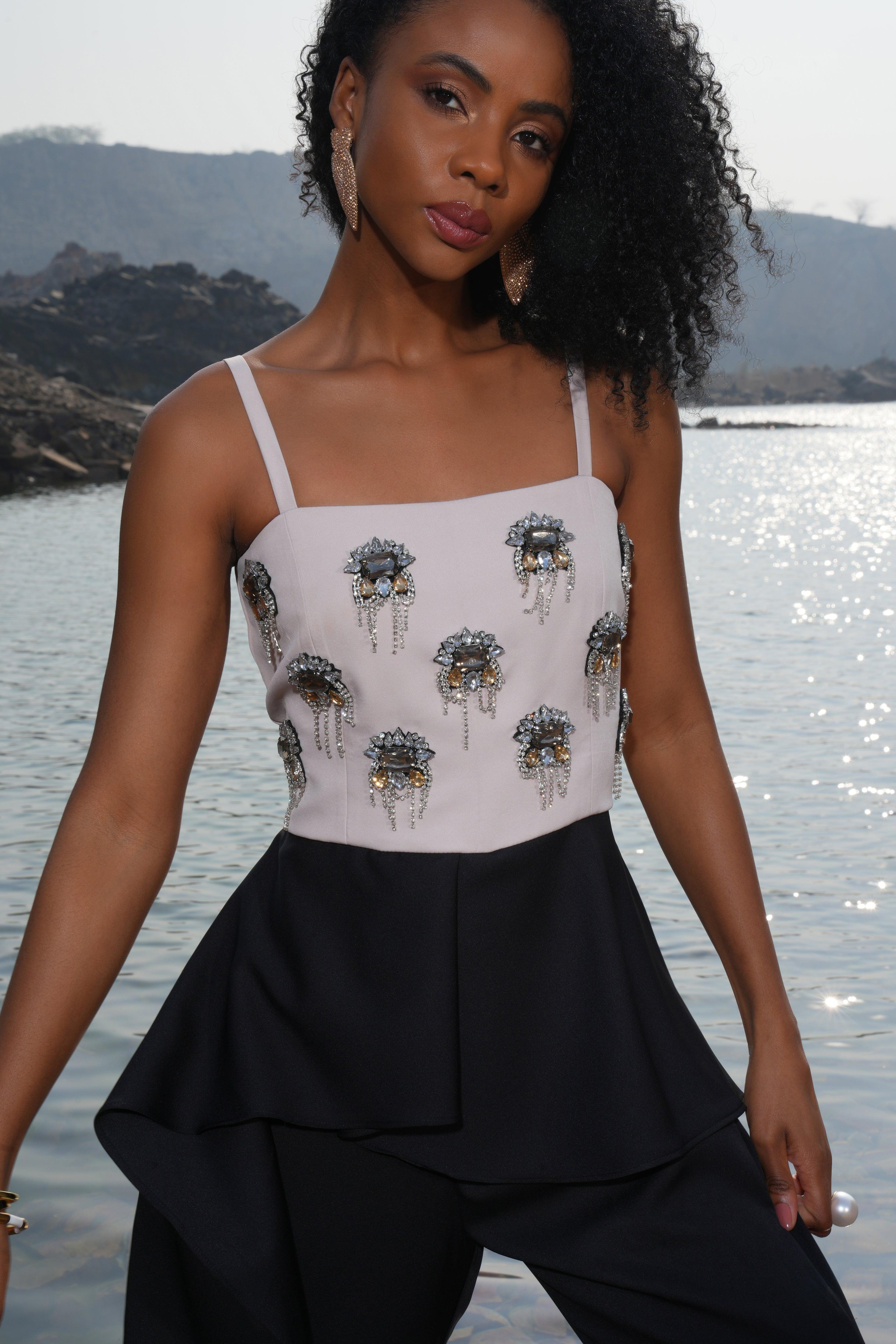 CREAM AND BLACK EMBELLISHED JUMPSUIT