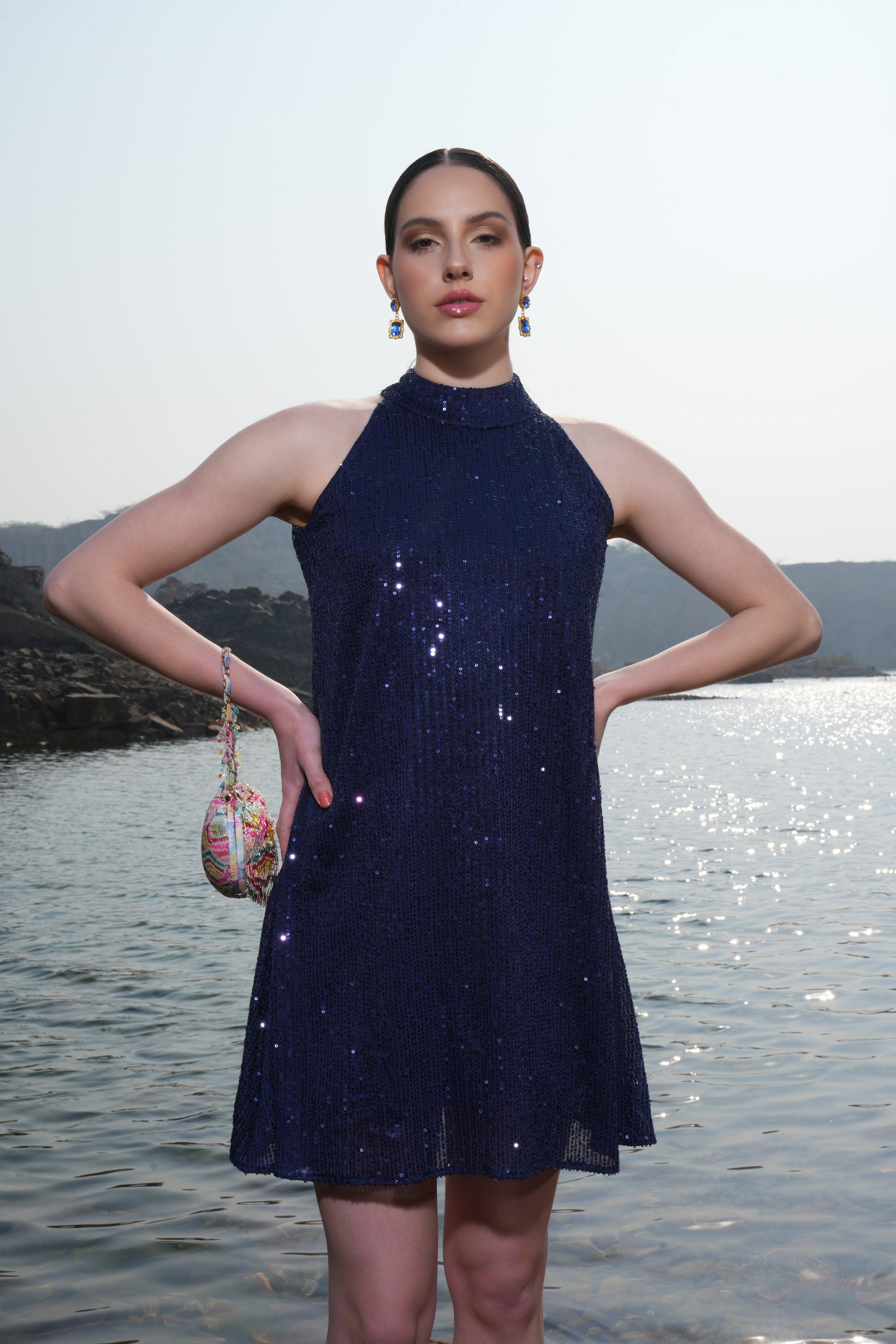 NAVY SEQUIN FLARE DRESS