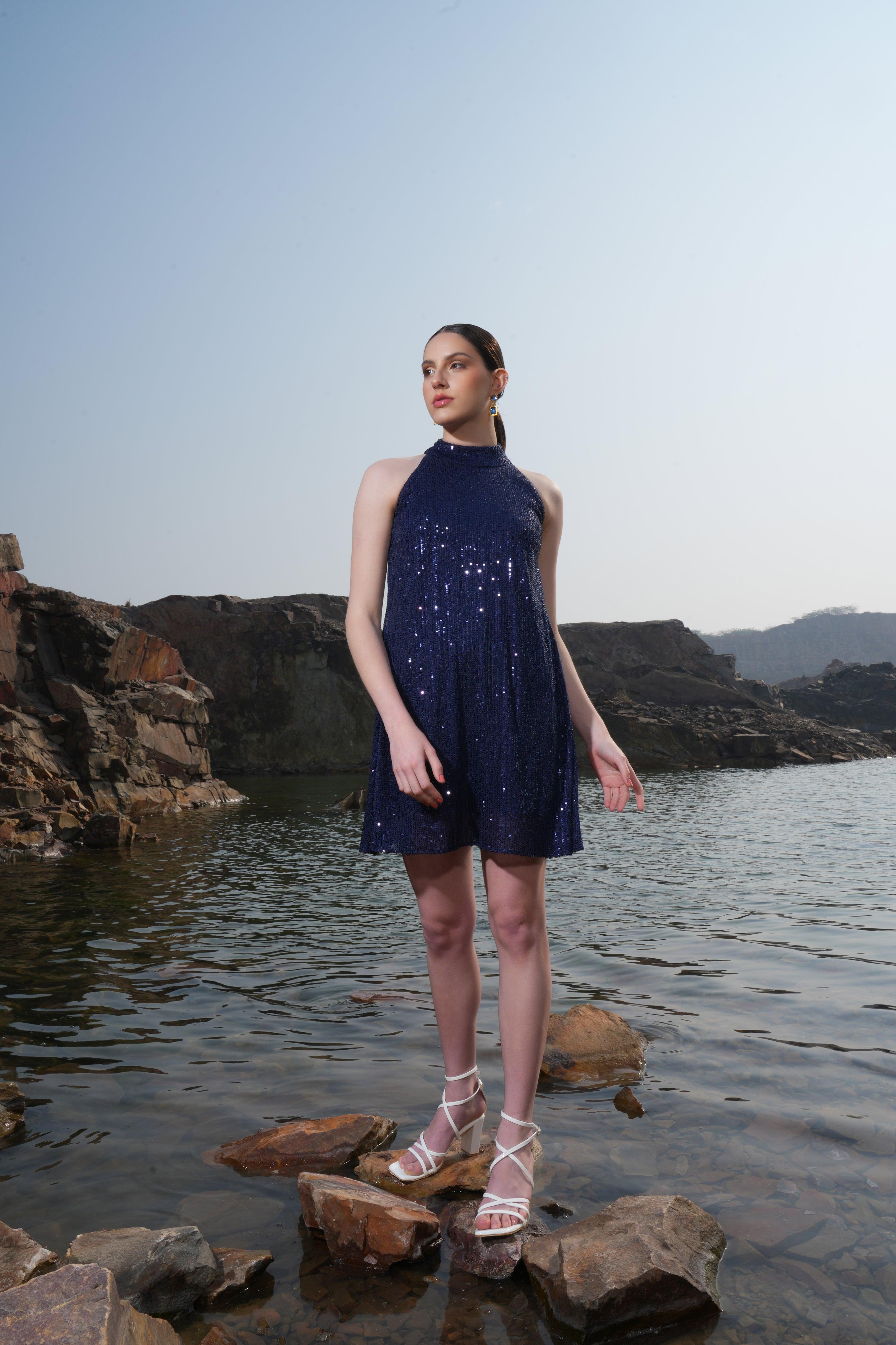 NAVY SEQUIN FLARE DRESS
