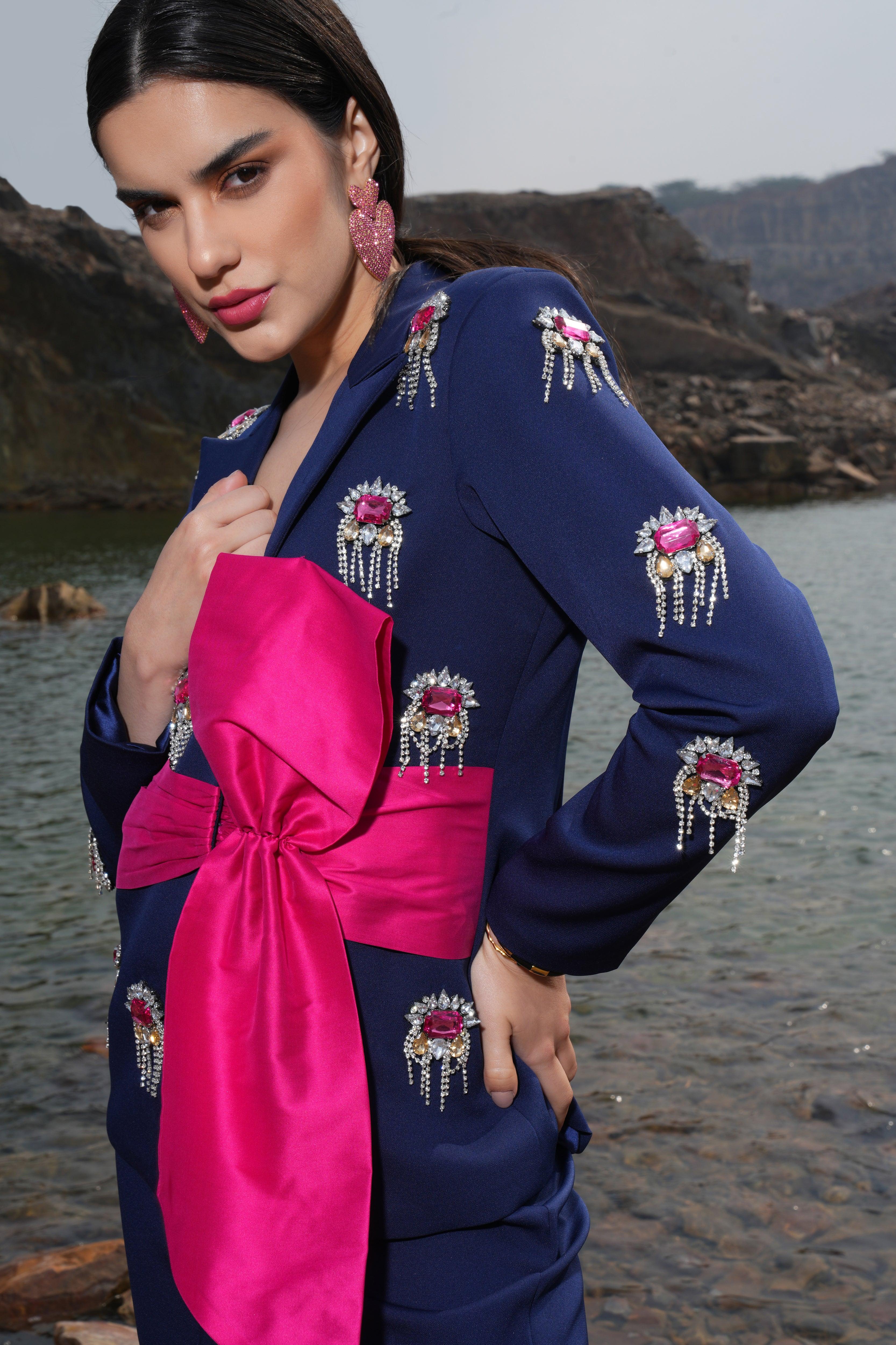 NAVY EMBELLISHED BOW SUIT