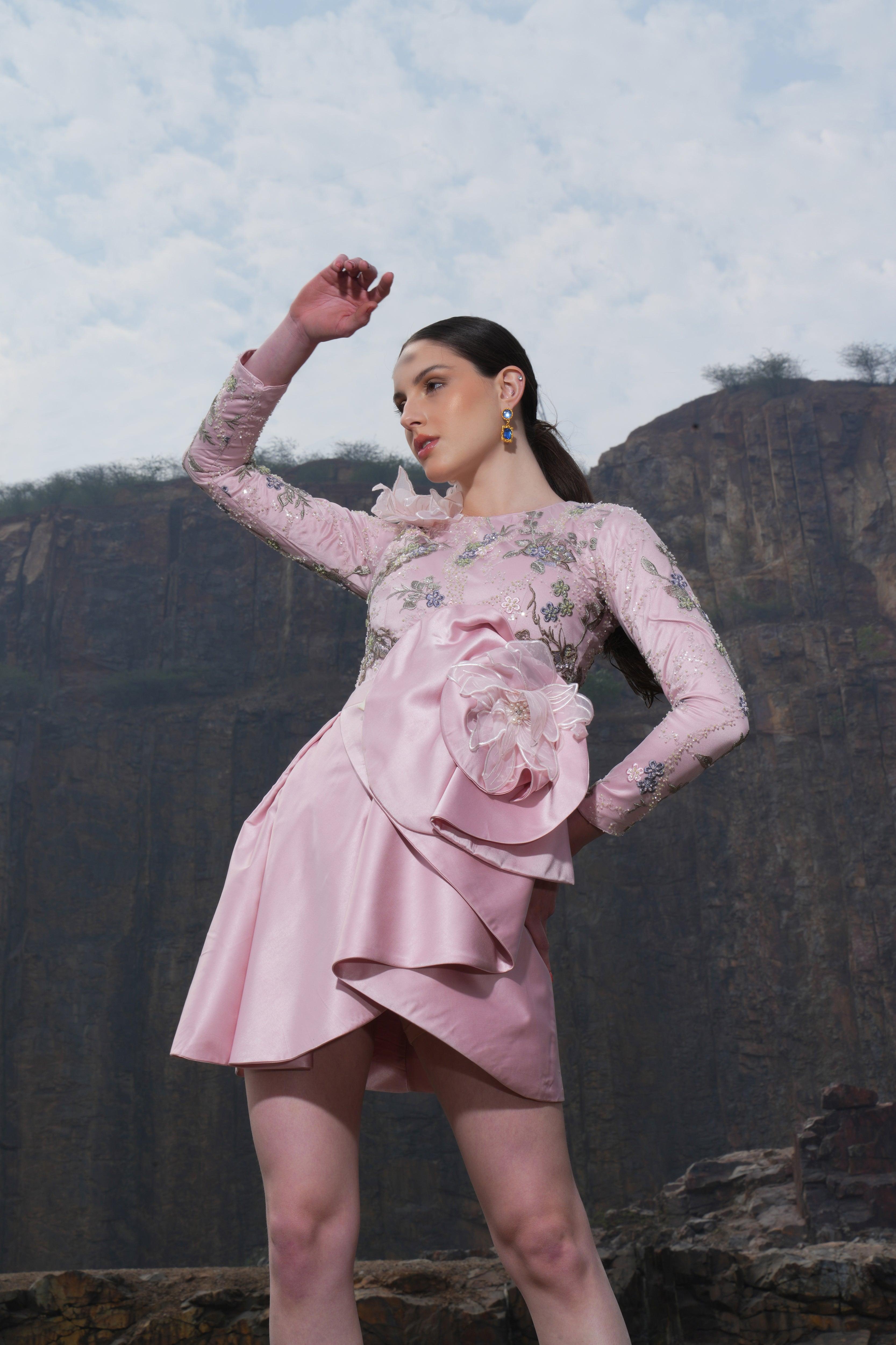 PINK FLORAL DRAPE DRESS