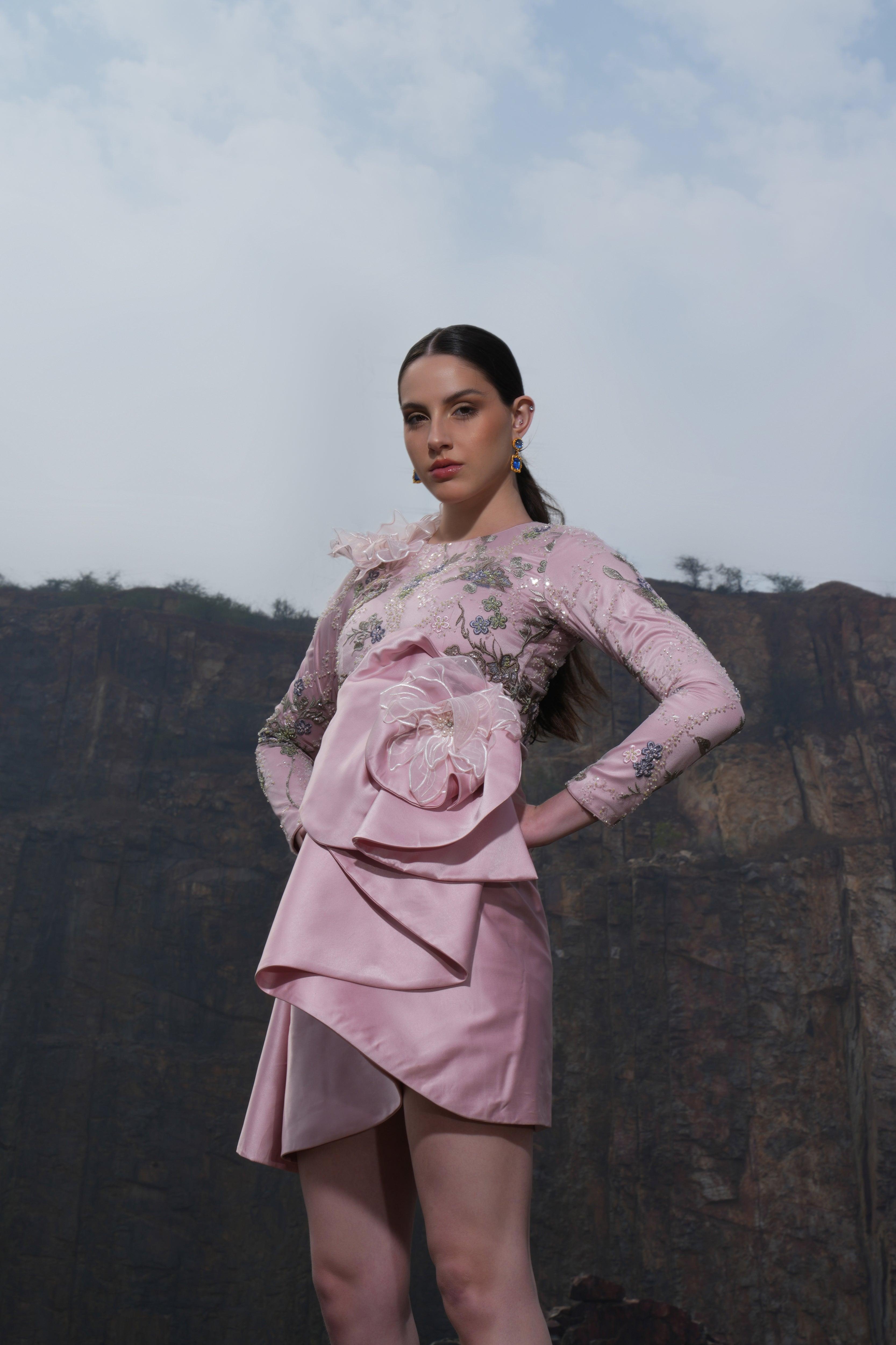 PINK FLORAL DRAPE DRESS