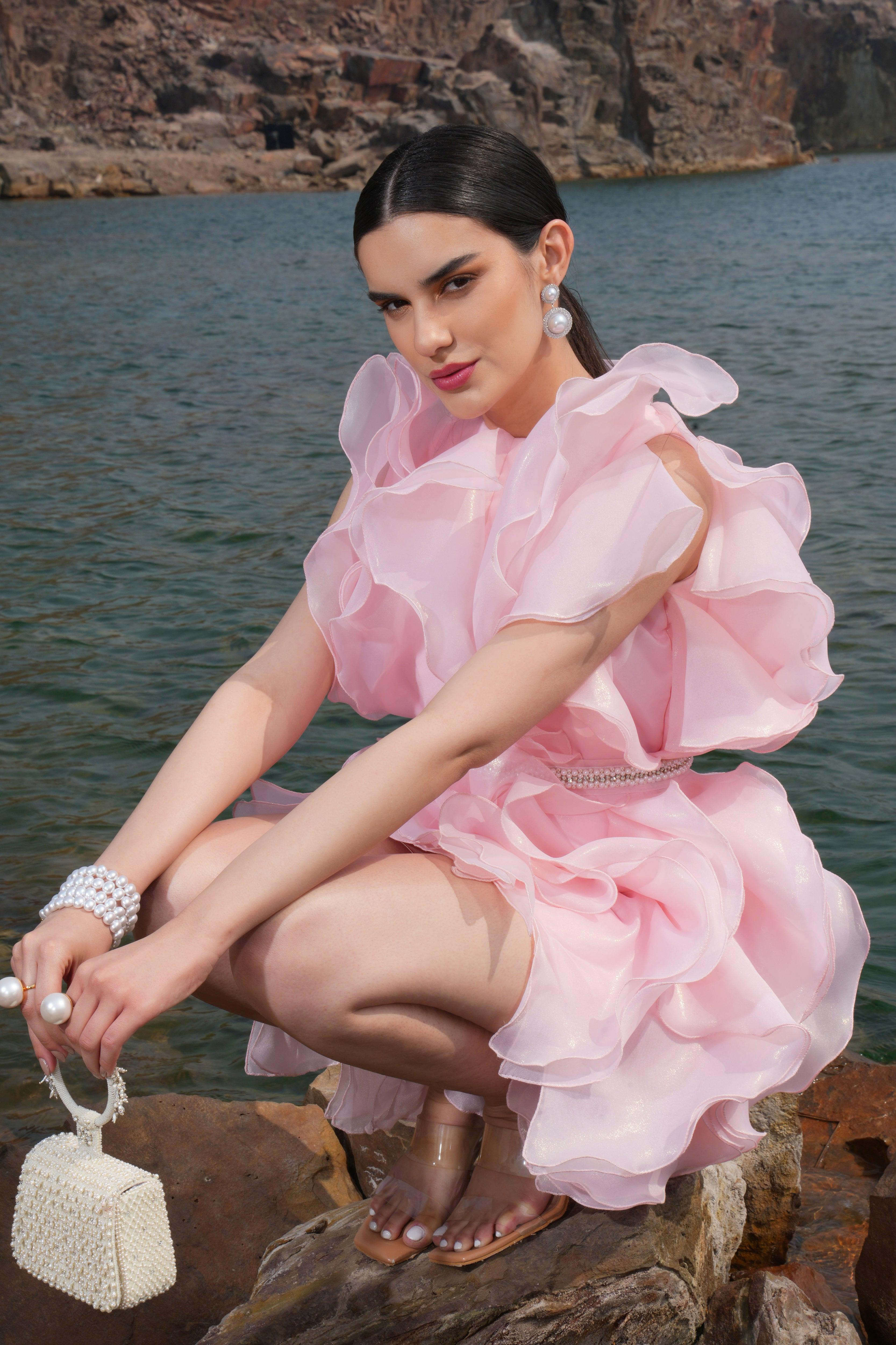 SHEENA SHERWANI IN PINK ORGANZA RUFFLE DRESS