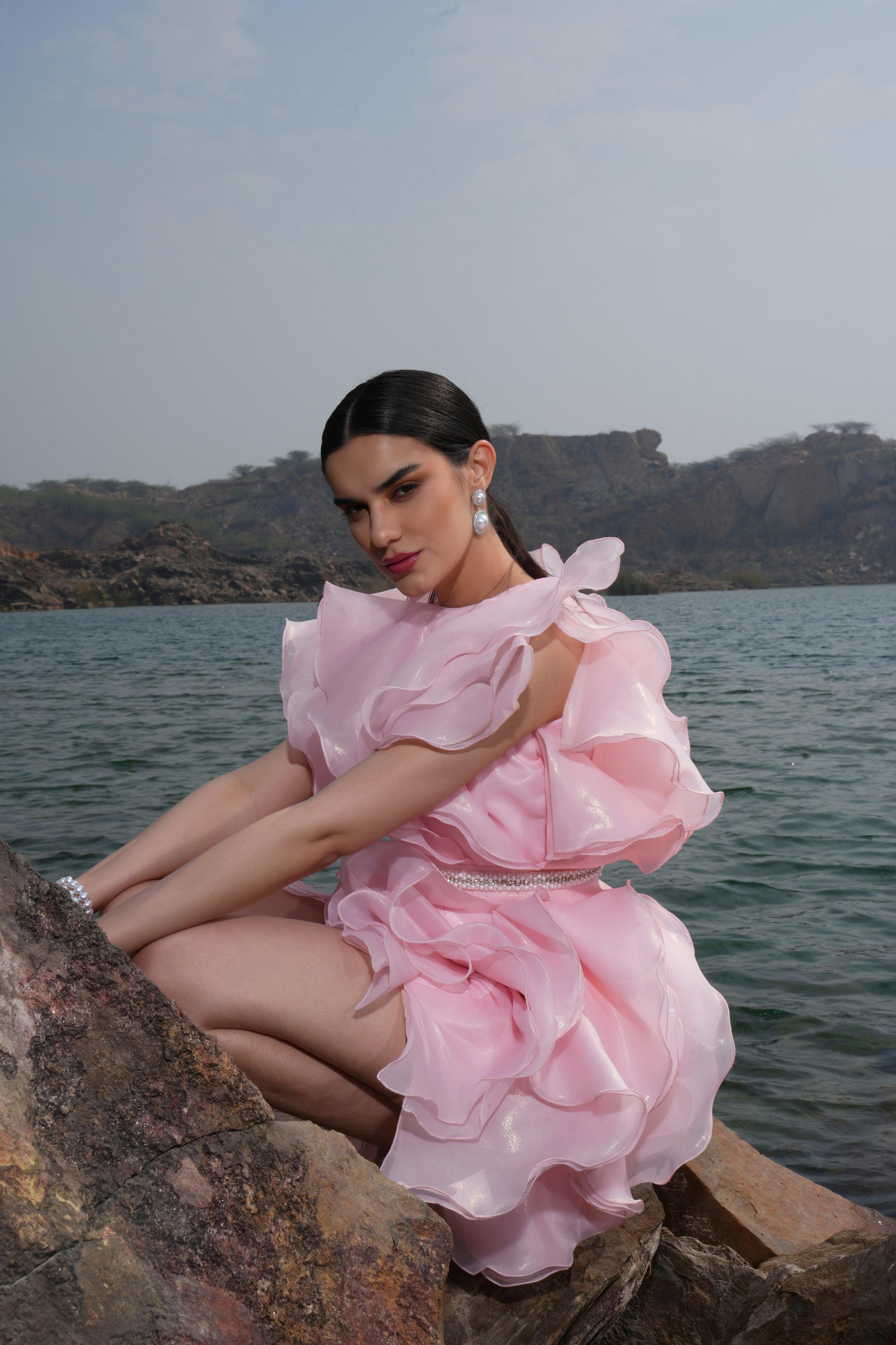 SHEENA SHERWANI IN PINK ORGANZA RUFFLE DRESS