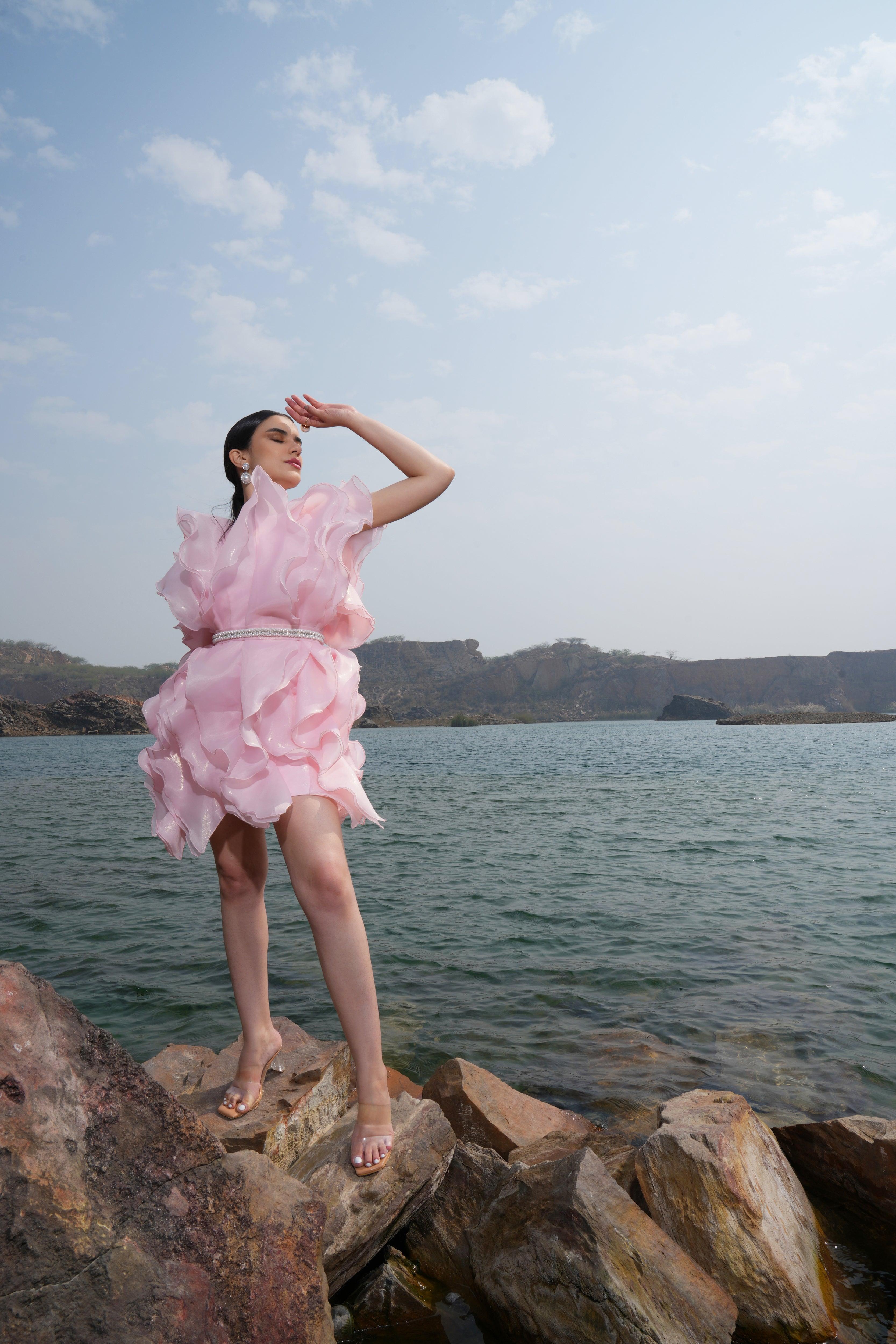 SHEENA SHERWANI IN PINK ORGANZA RUFFLE DRESS