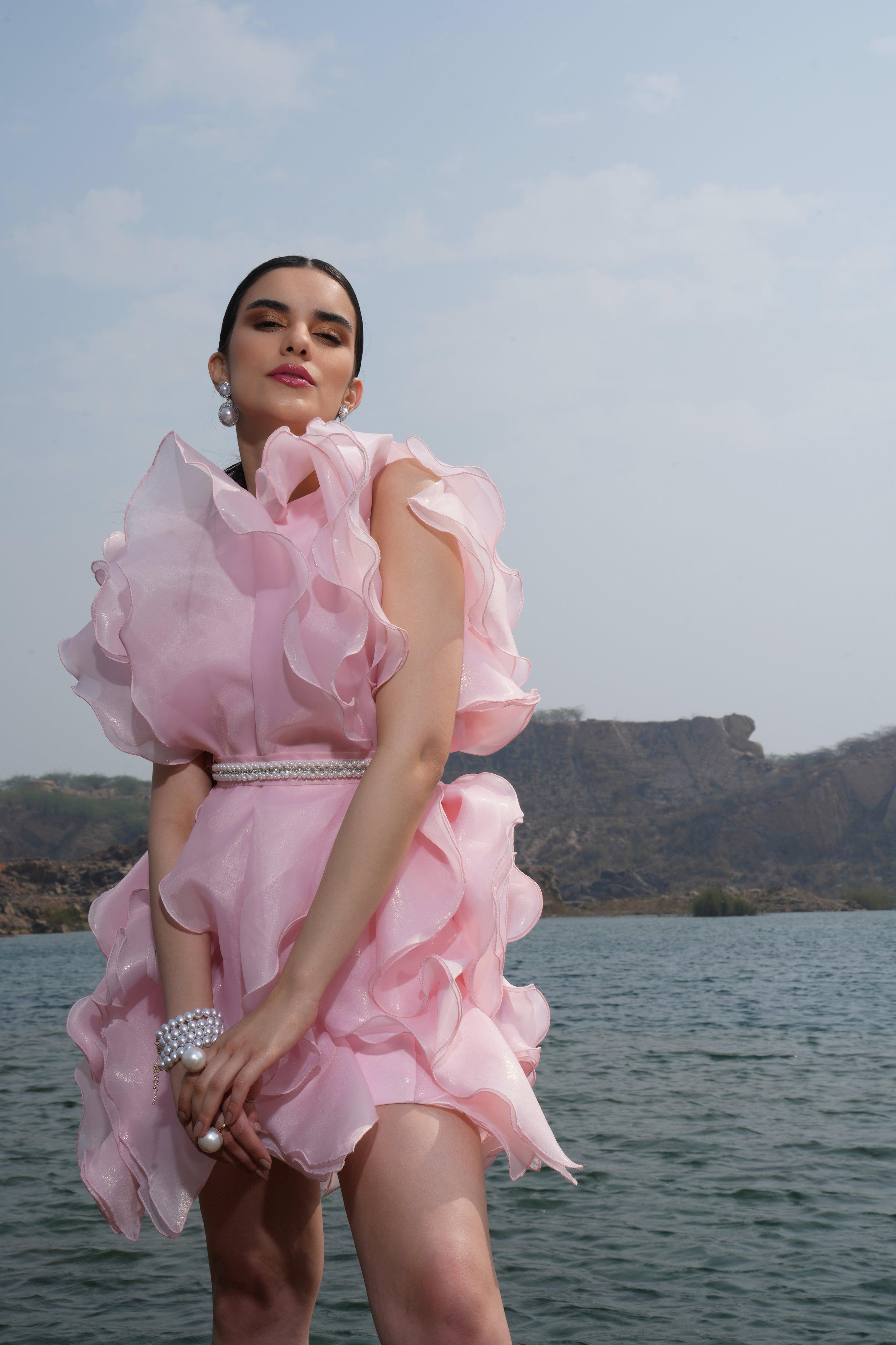SHEENA SHERWANI IN PINK ORGANZA RUFFLE DRESS