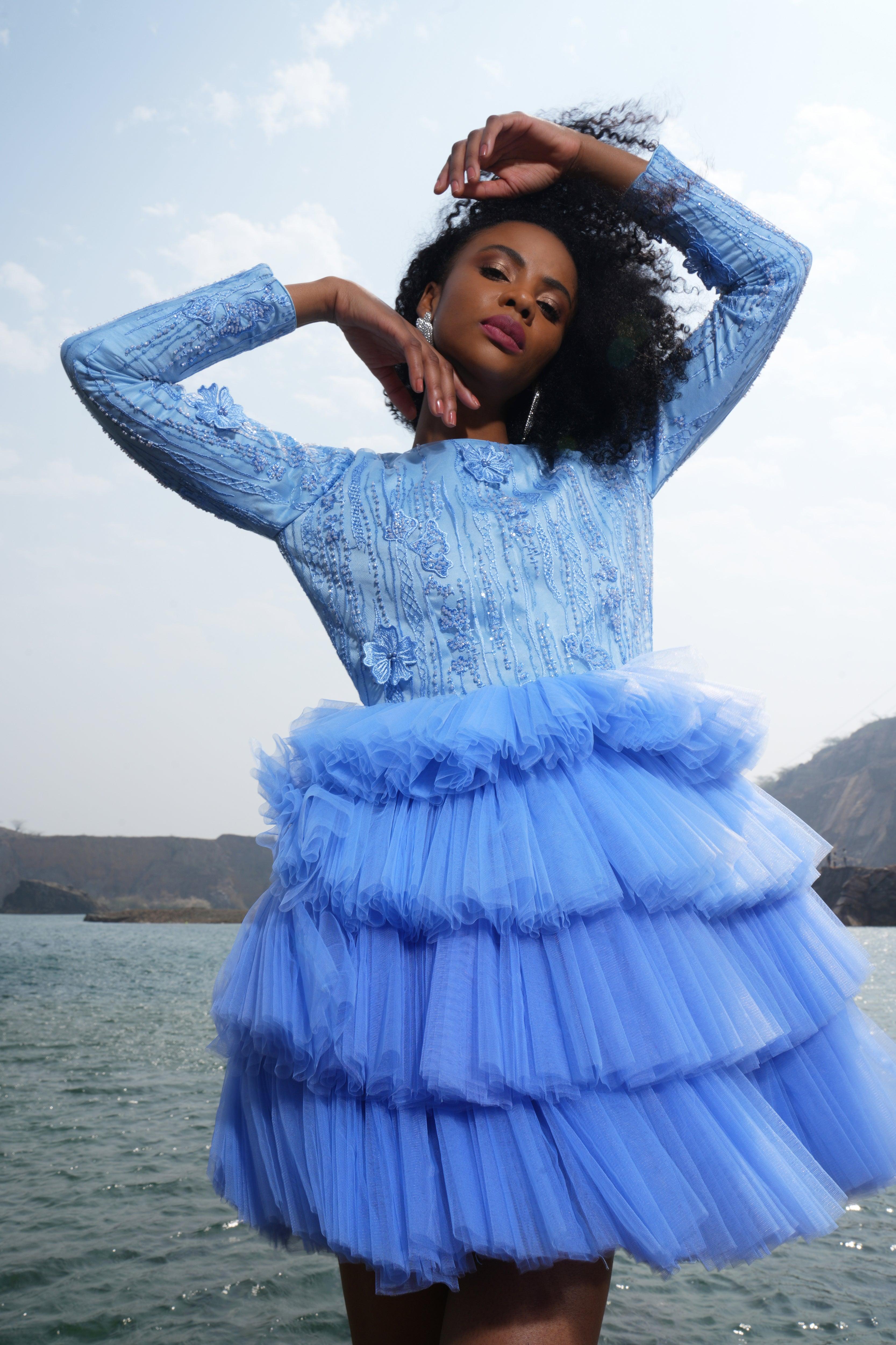 BLUE RUFFLE DRESS