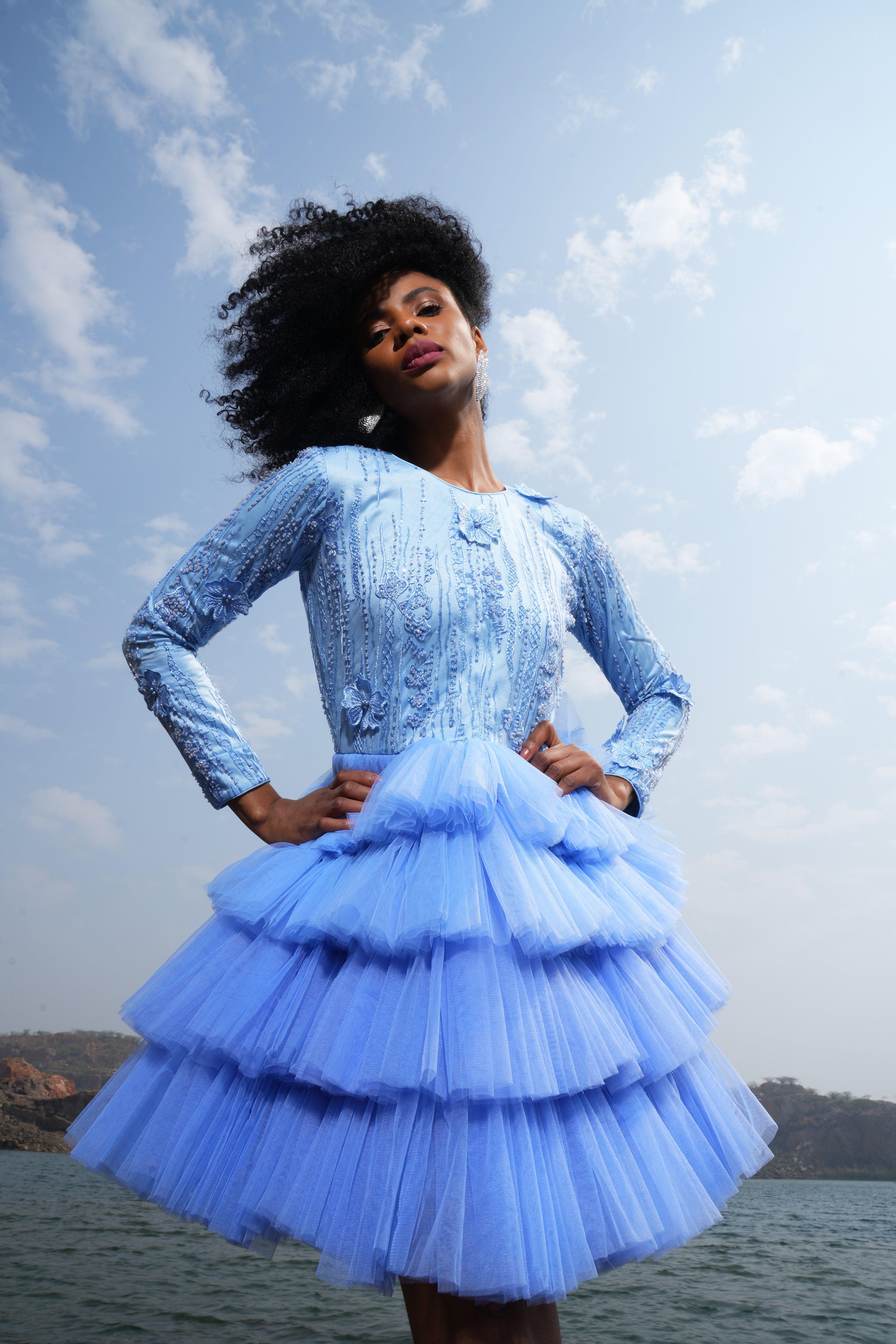 BLUE RUFFLE DRESS