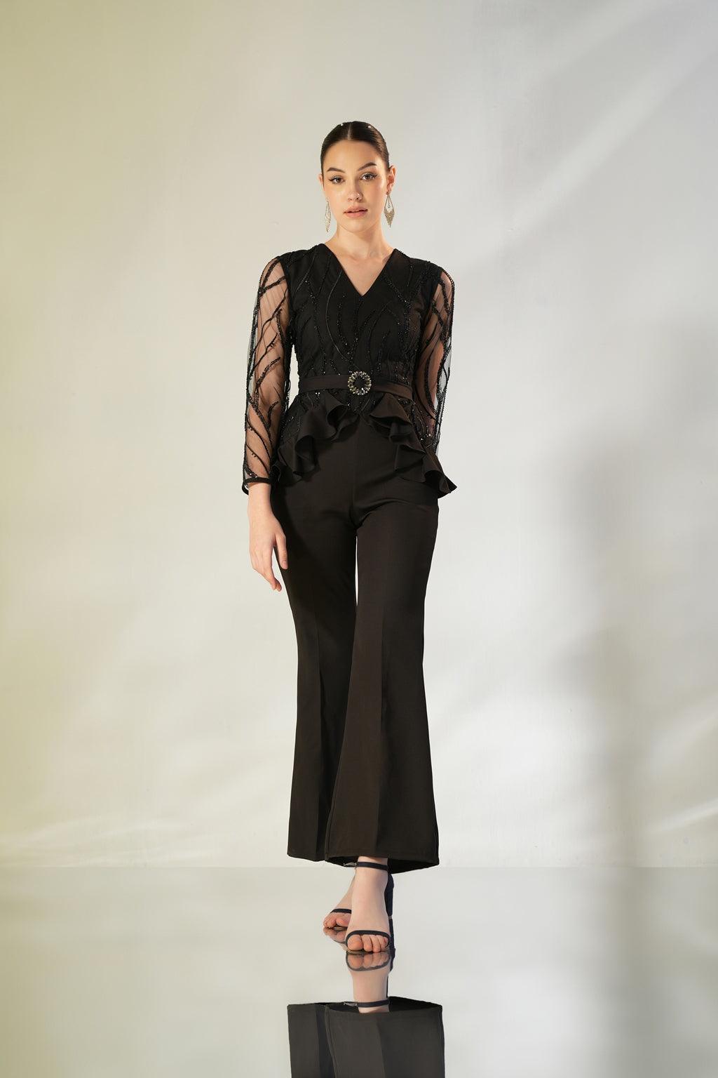 BLACK PEPLUM RUFFLE JUMPSUIT