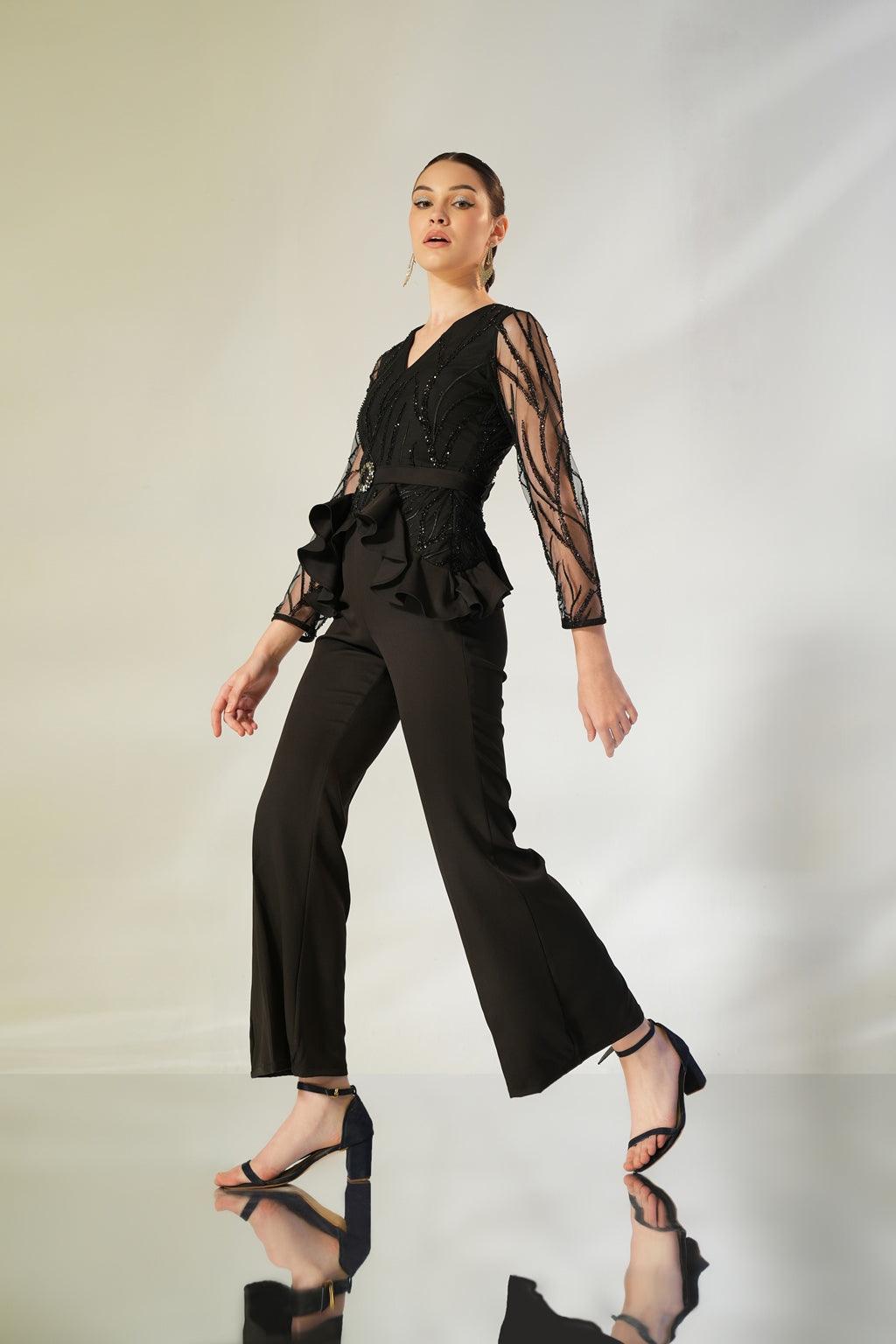 BLACK PEPLUM RUFFLE JUMPSUIT