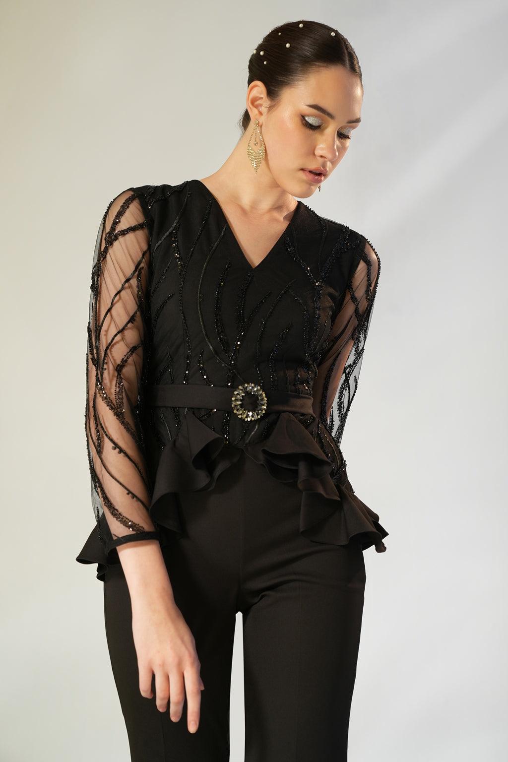 BLACK PEPLUM RUFFLE JUMPSUIT - SALE