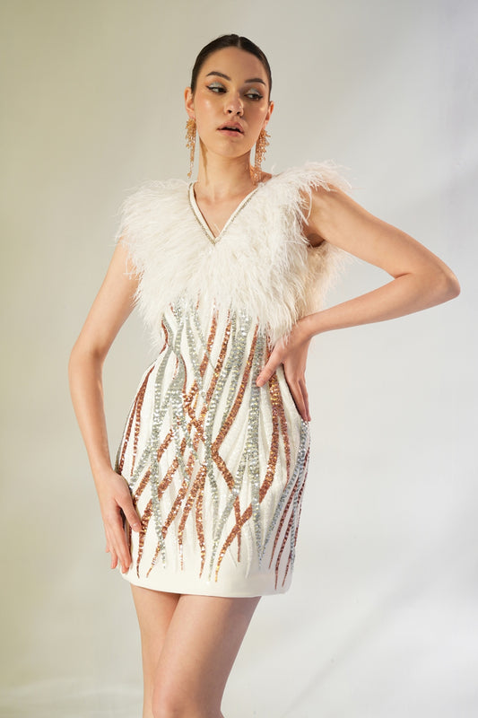 IVORY SEQUIN & FEATHER DRESS