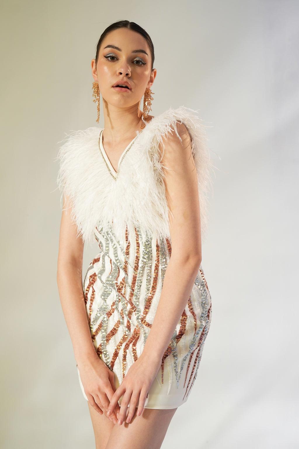 IVORY SEQUIN & FEATHER DRESS