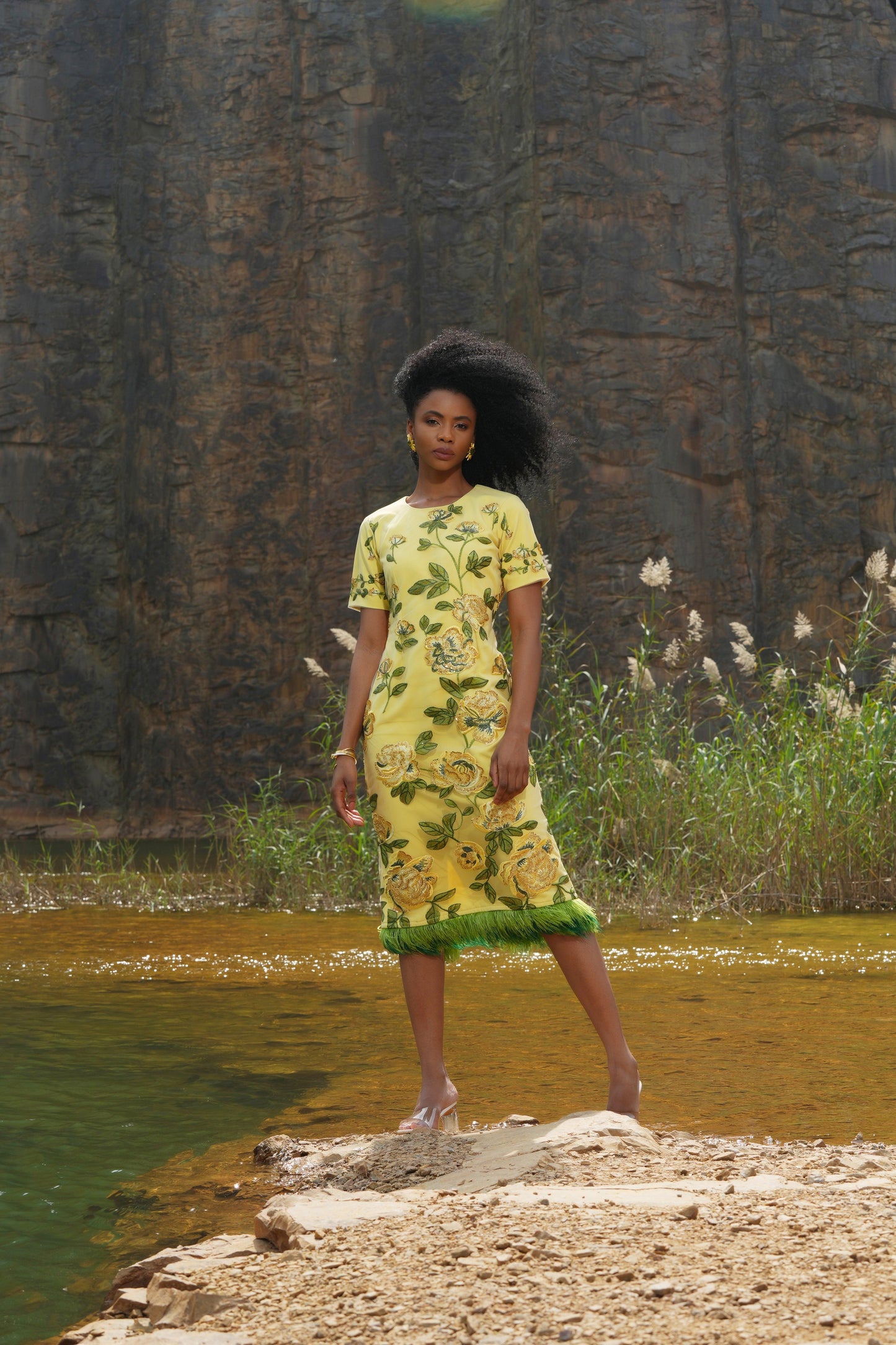 YELLOW FLORAL BEADED  FEATHER DRESS