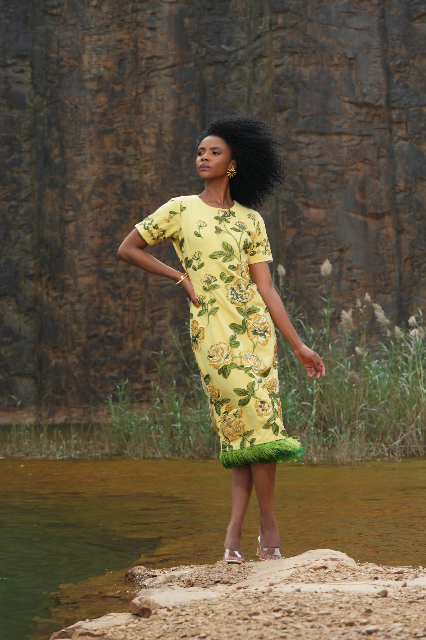 YELLOW FLORAL BEADED  FEATHER DRESS