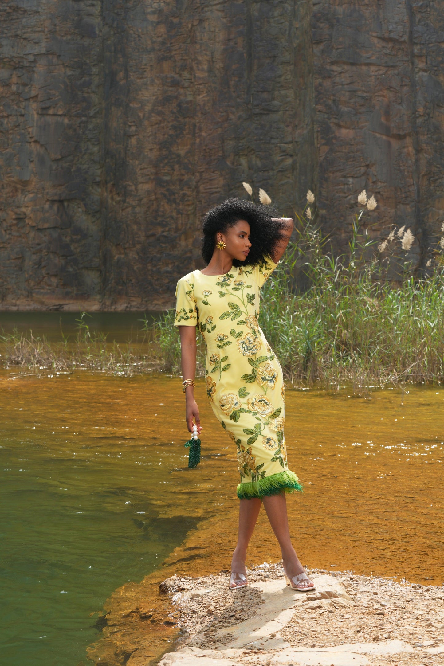 YELLOW FLORAL BEADED  FEATHER DRESS