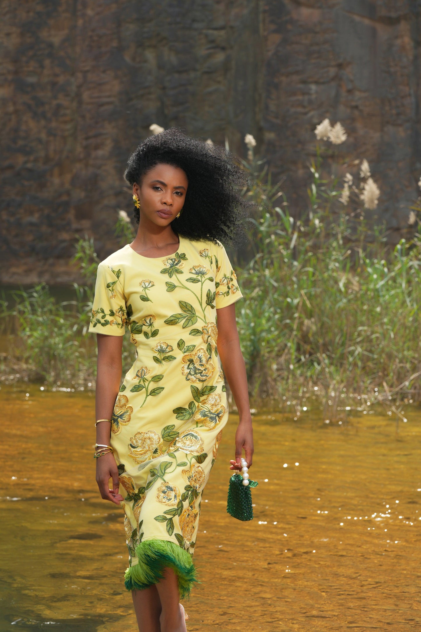 YELLOW FLORAL BEADED  FEATHER DRESS