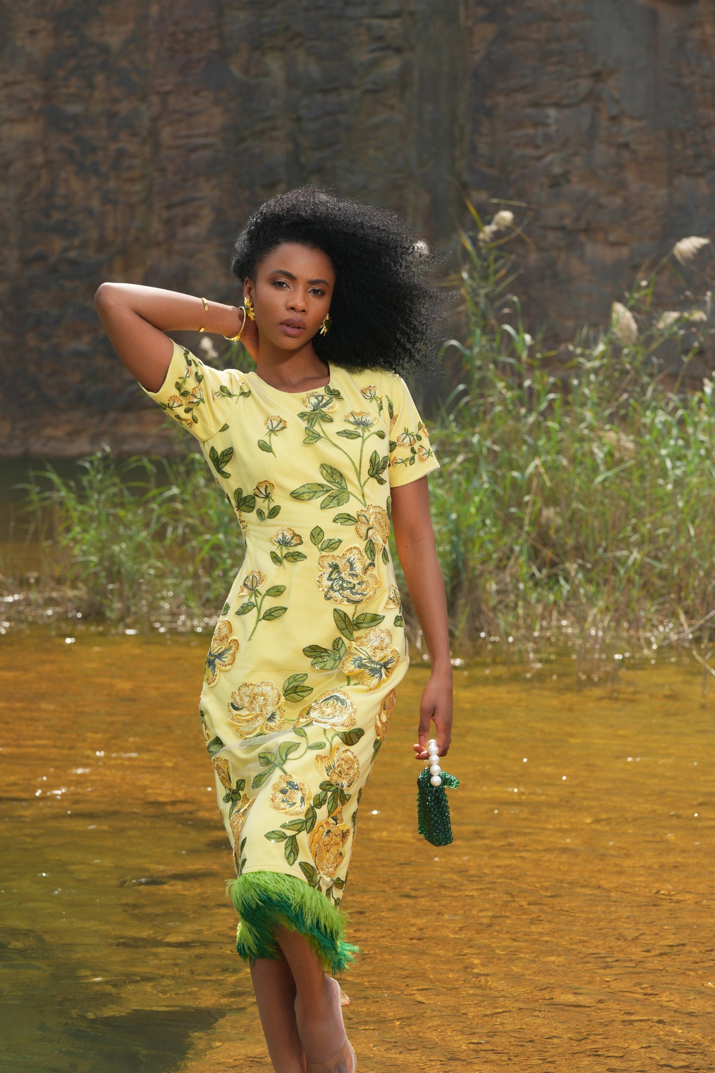 YELLOW FLORAL BEADED  FEATHER DRESS