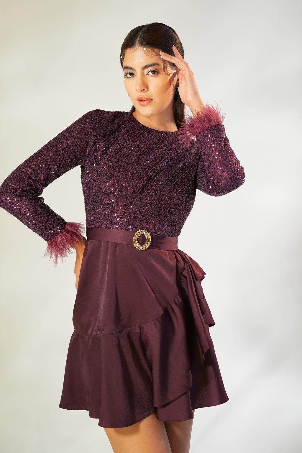 WINE SEQUIN & FEATHER DRESS - SALE