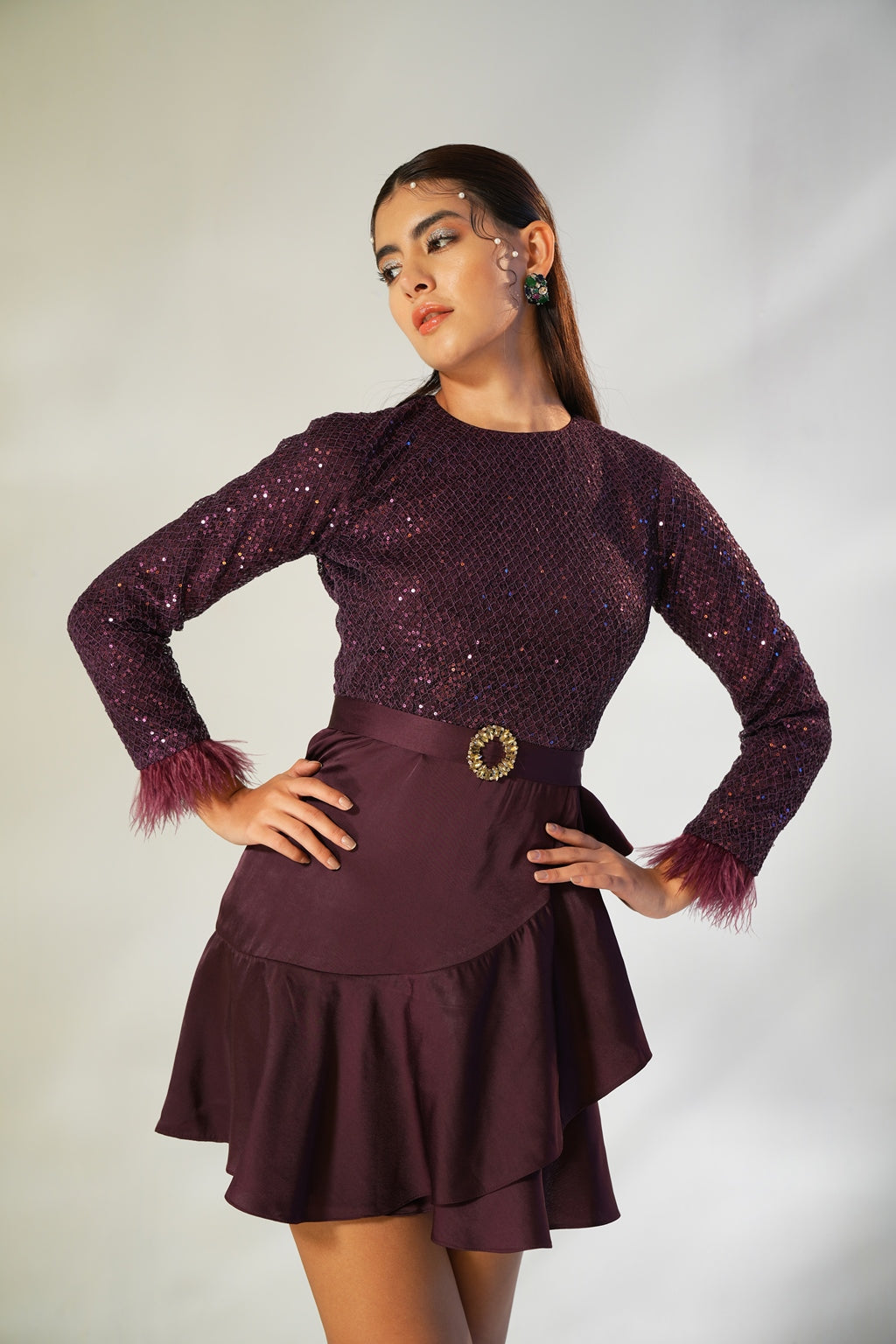 WINE SEQUIN & FEATHER DRESS