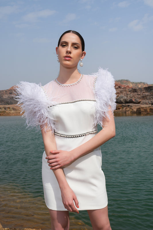 IVORY PEARL FEATHER DRESS