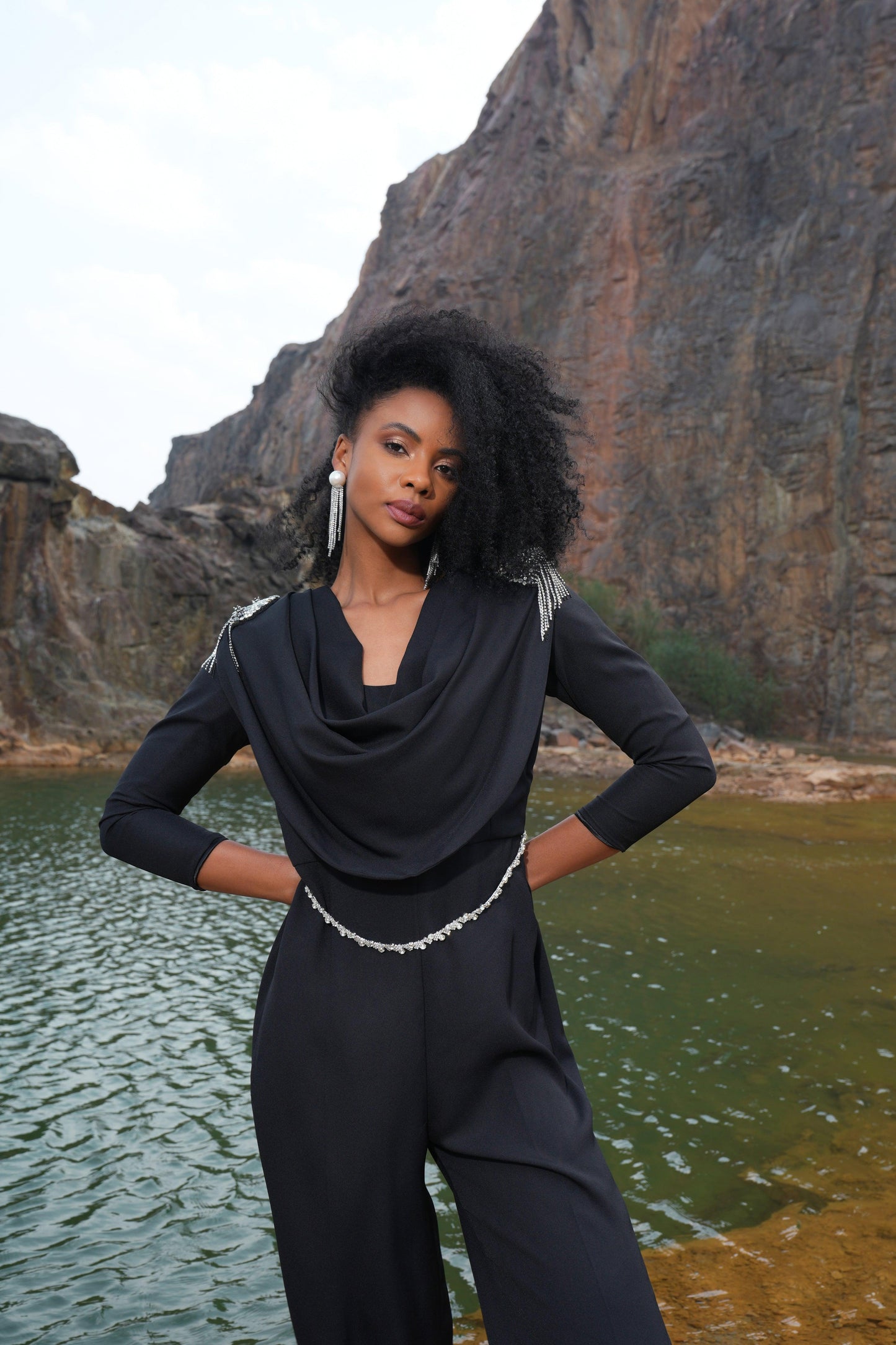 BLACK COWL EMBELLISHED JUMPSUIT