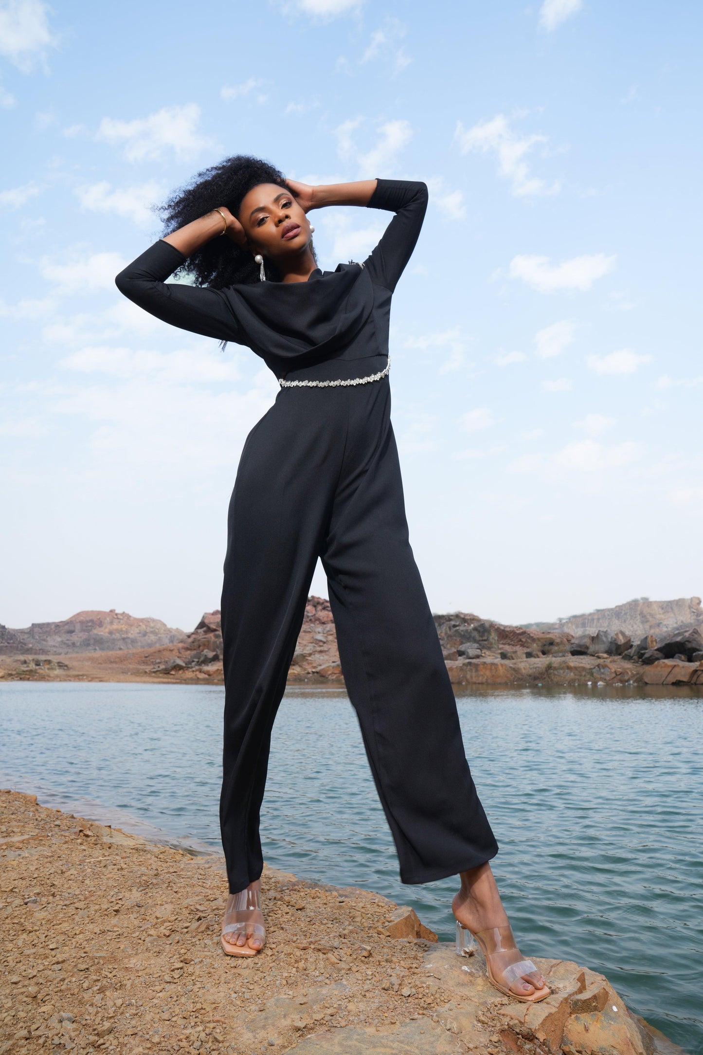 BLACK COWL EMBELLISHED JUMPSUIT