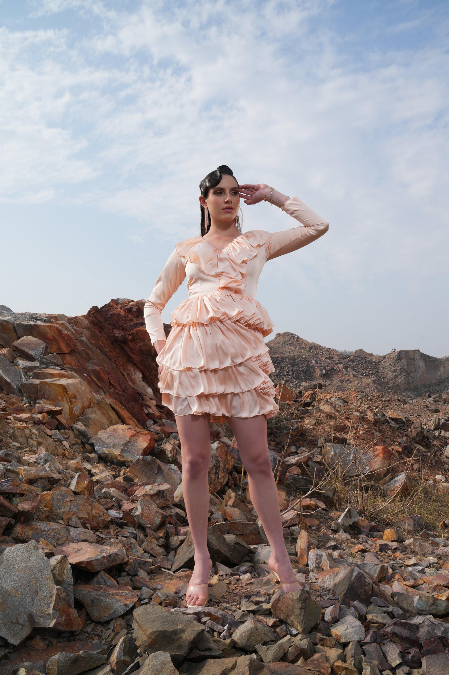 PEACH FRILL SATIN  DRESS