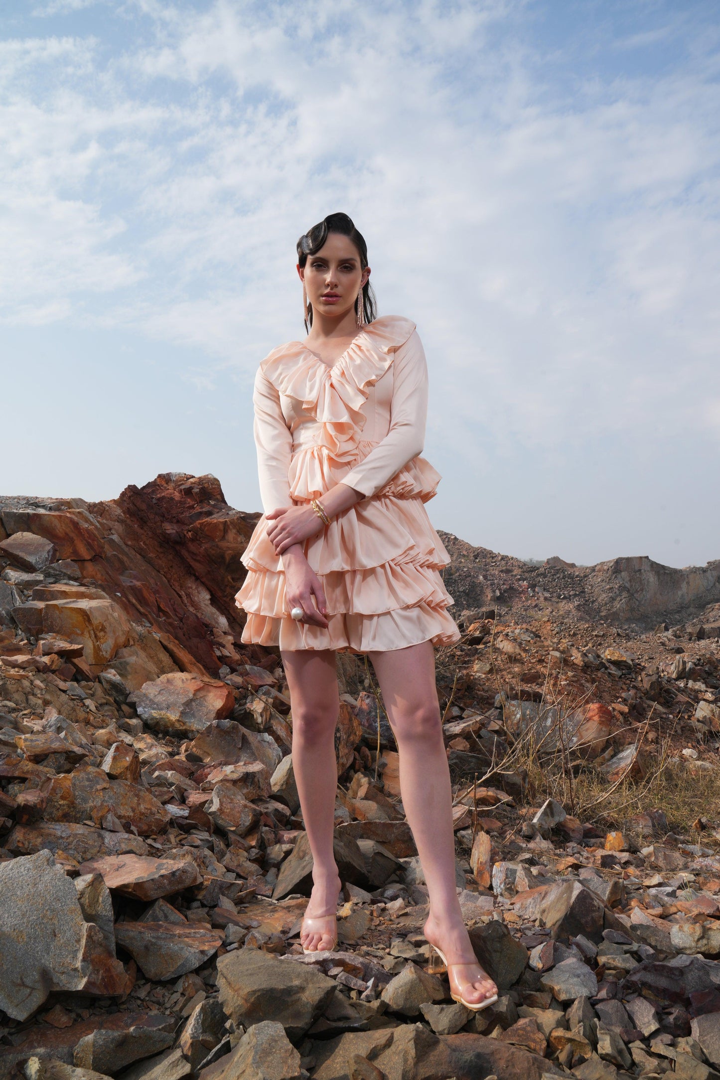 PEACH FRILL SATIN  DRESS - SALE