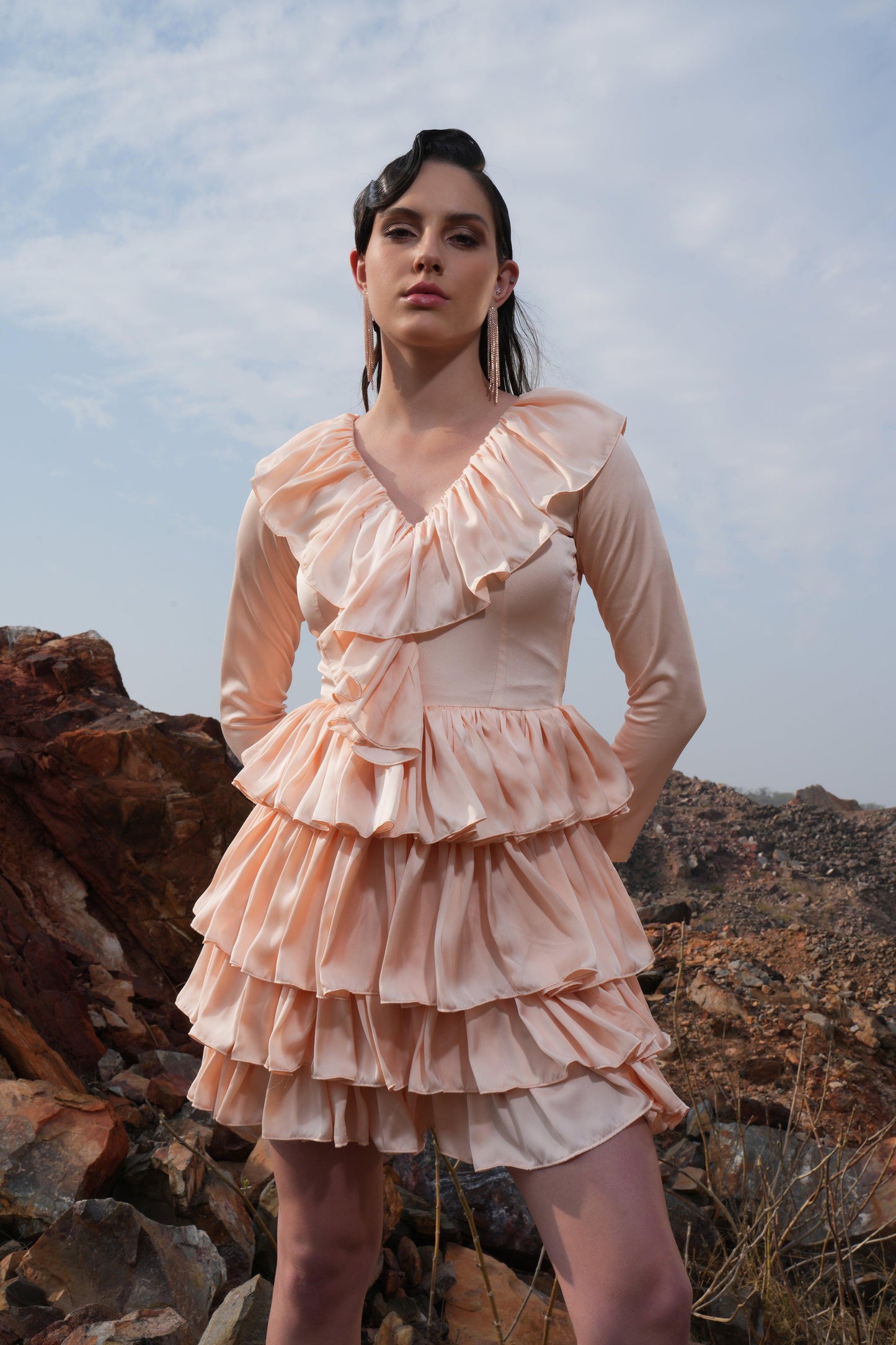 PEACH FRILL SATIN  DRESS - SALE