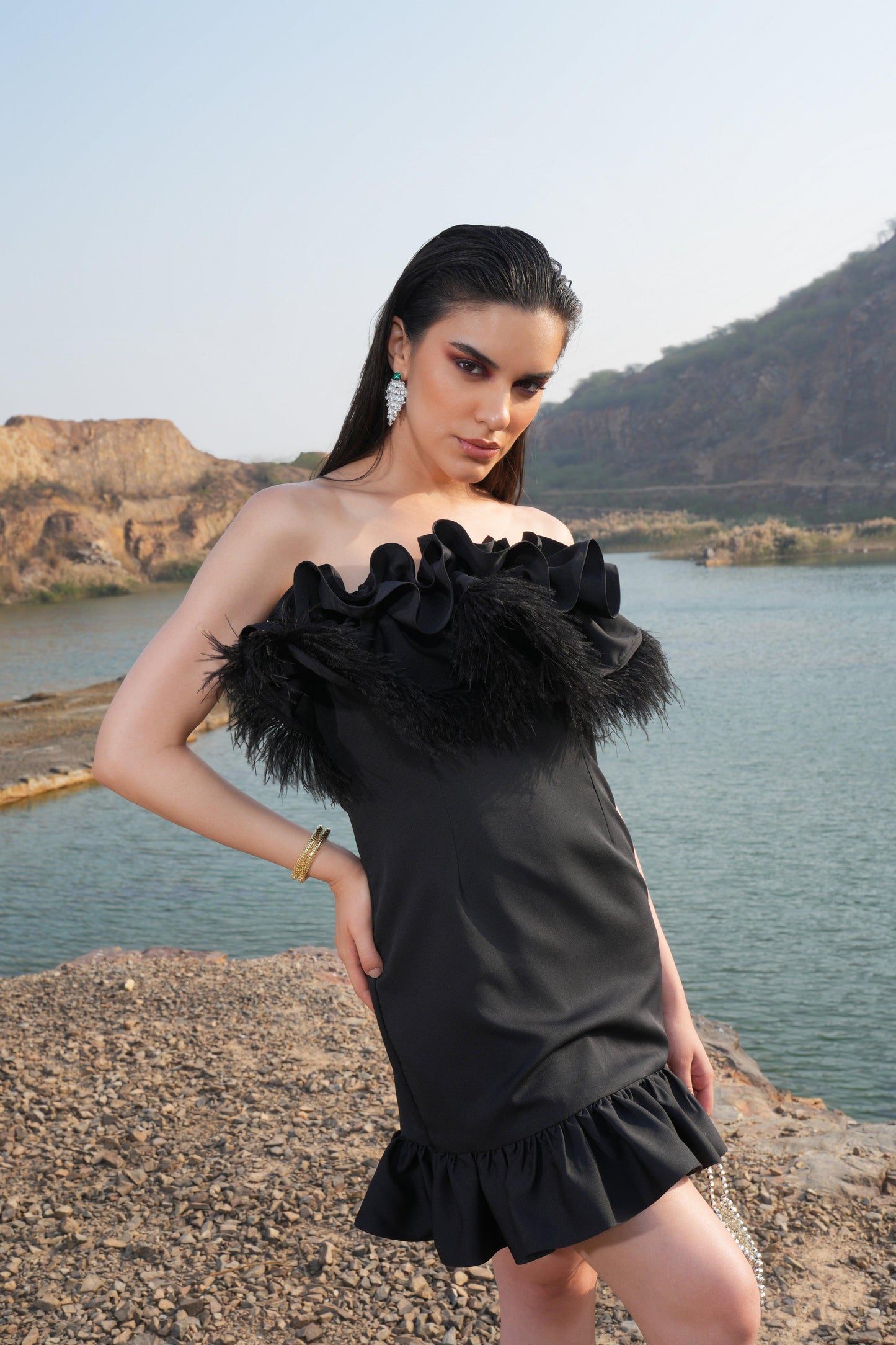 BLACK RUFFLE FEATHER DRESS