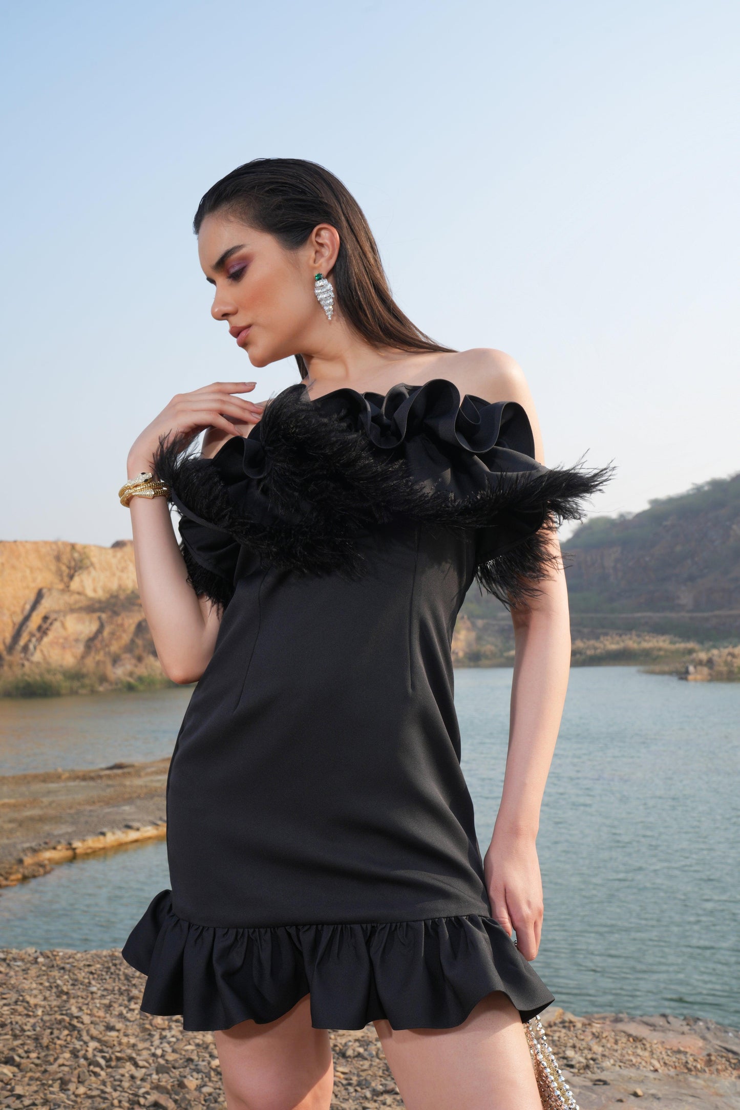 BLACK RUFFLE FEATHER DRESS