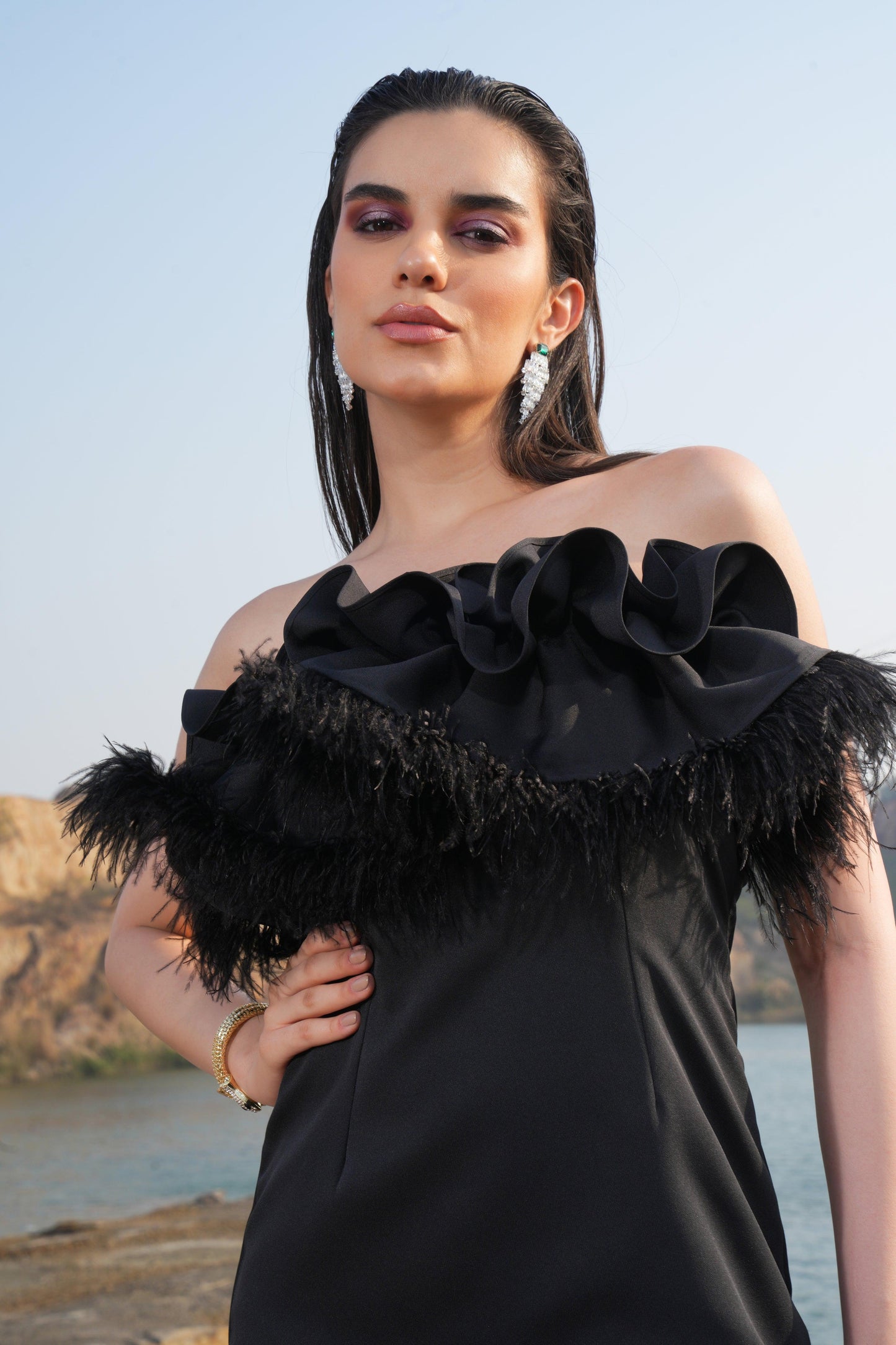 BLACK RUFFLE FEATHER DRESS