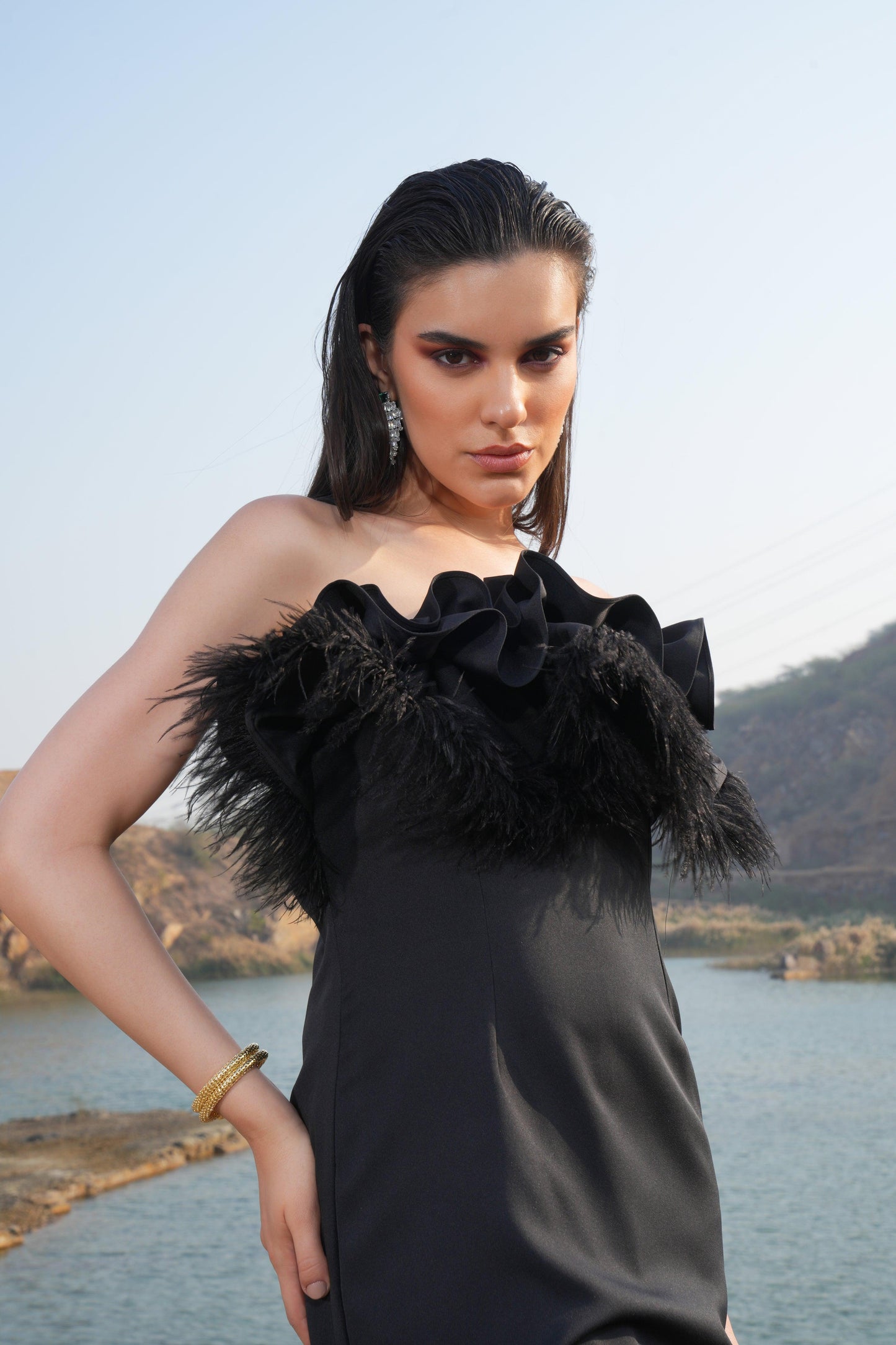 BLACK RUFFLE FEATHER DRESS - SALE