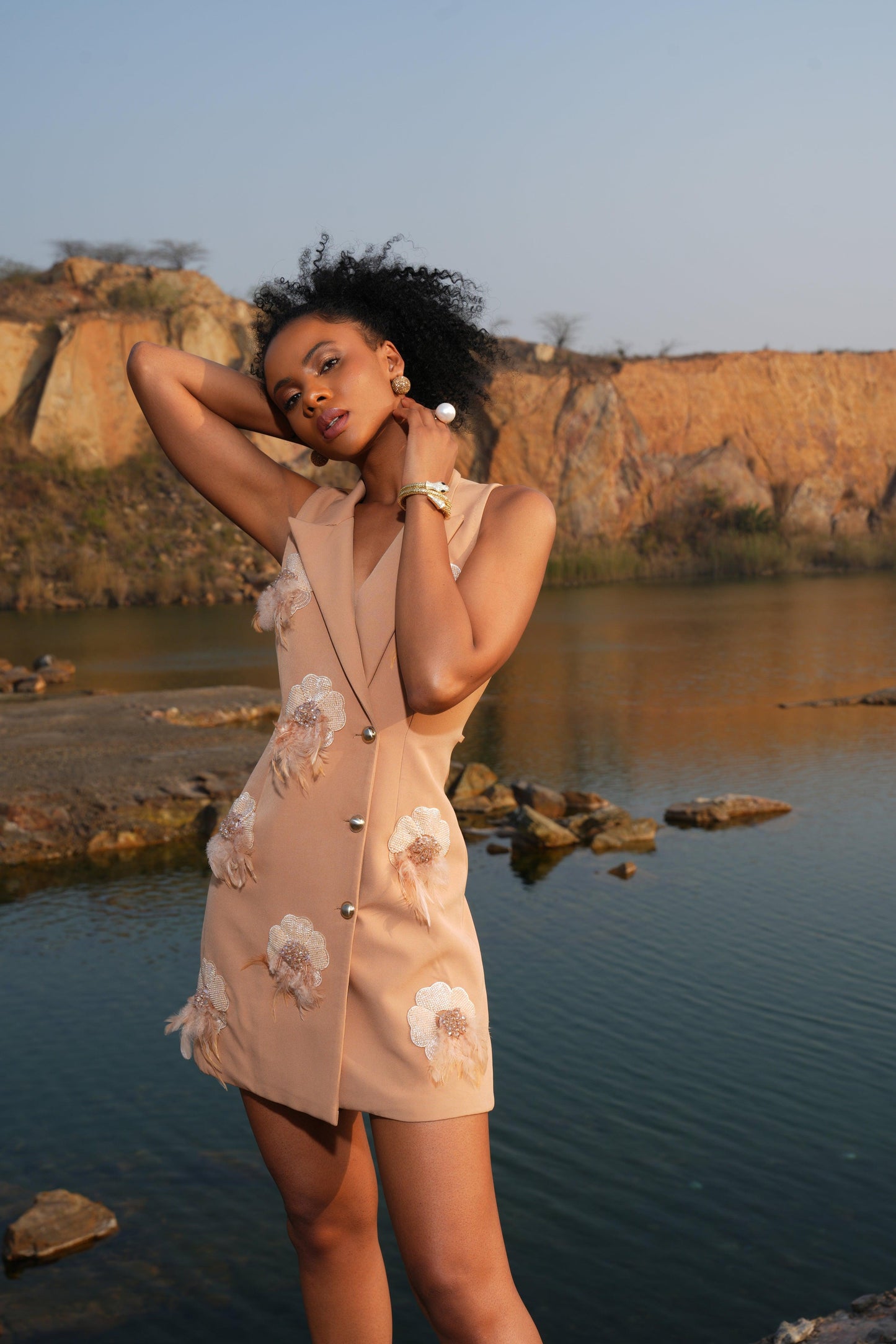 BEIGE FLOWER BLAZER DRESS