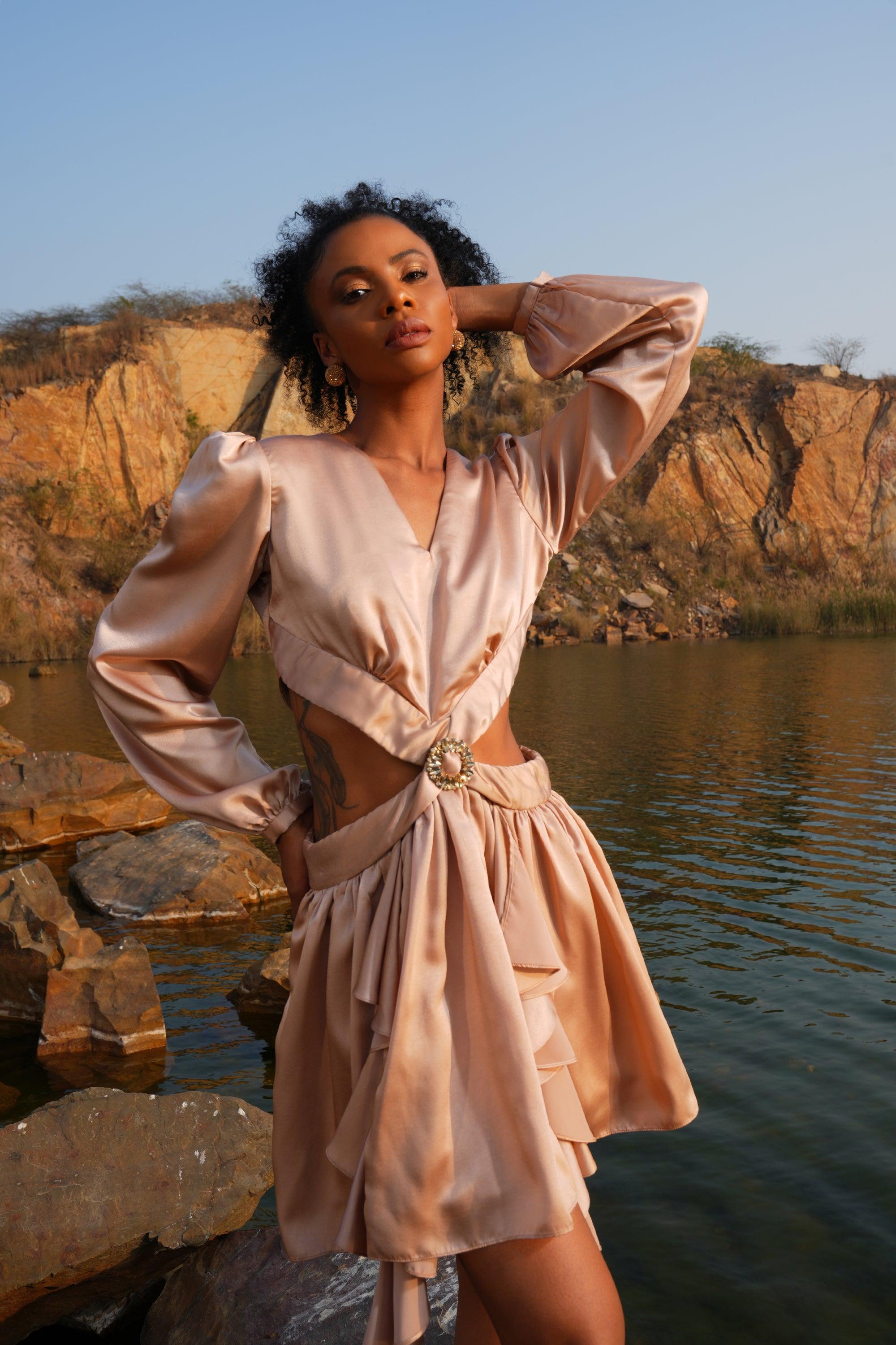 CHAMPAGNE CUT-OUT RUFFLE DRESS