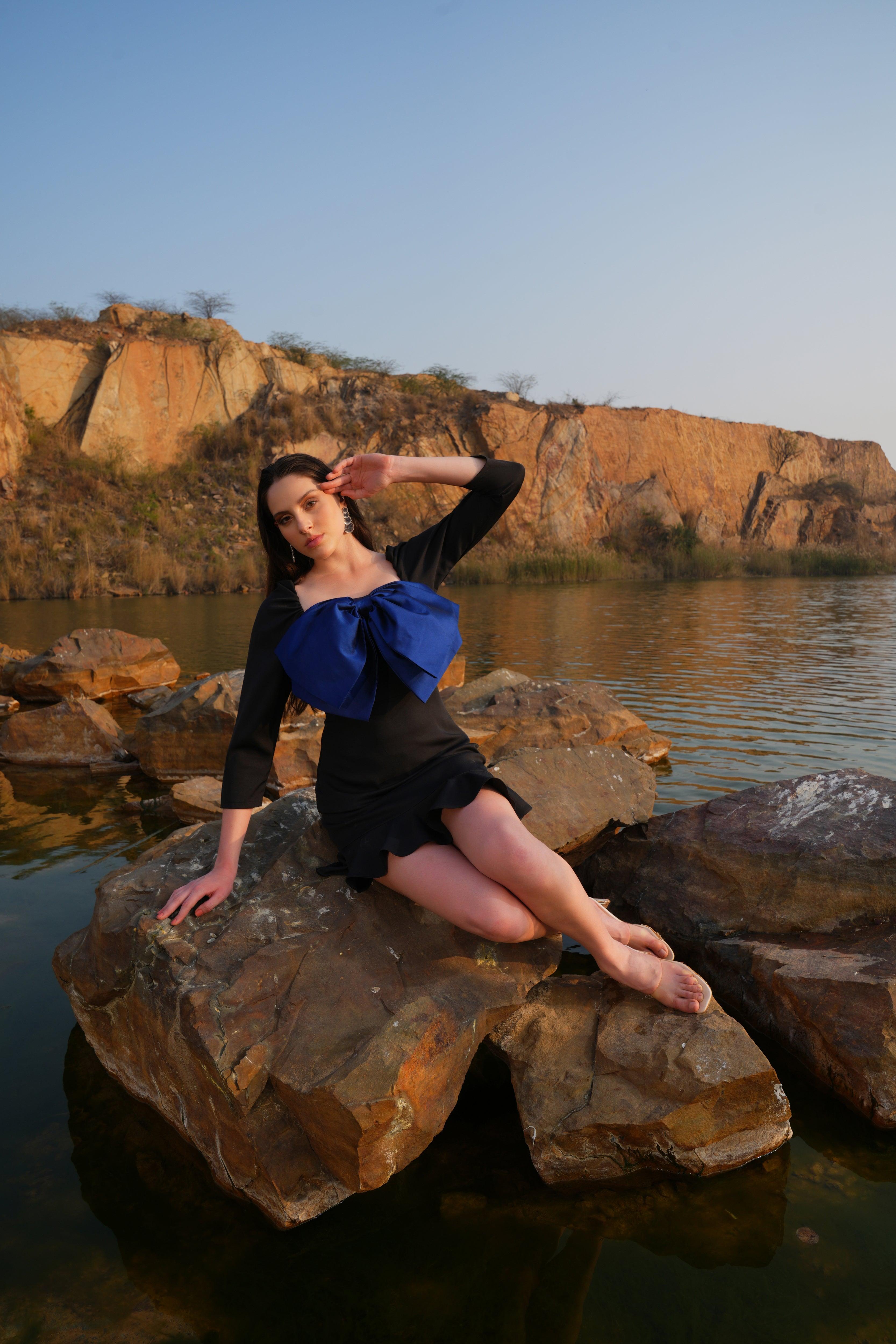BLACK AND BLUE BOW DRESS - SALE