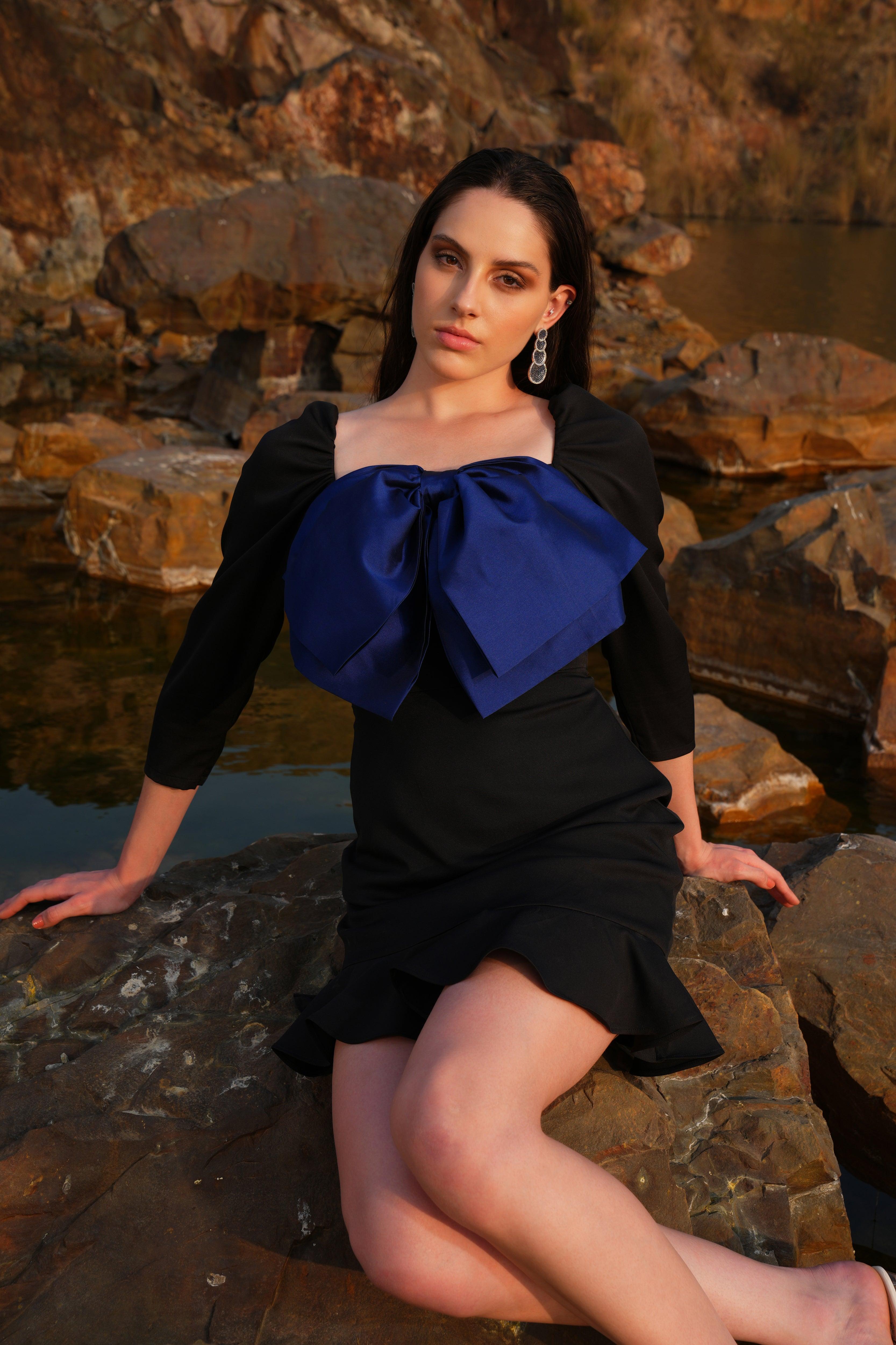 BLACK AND BLUE BOW DRESS - SALE
