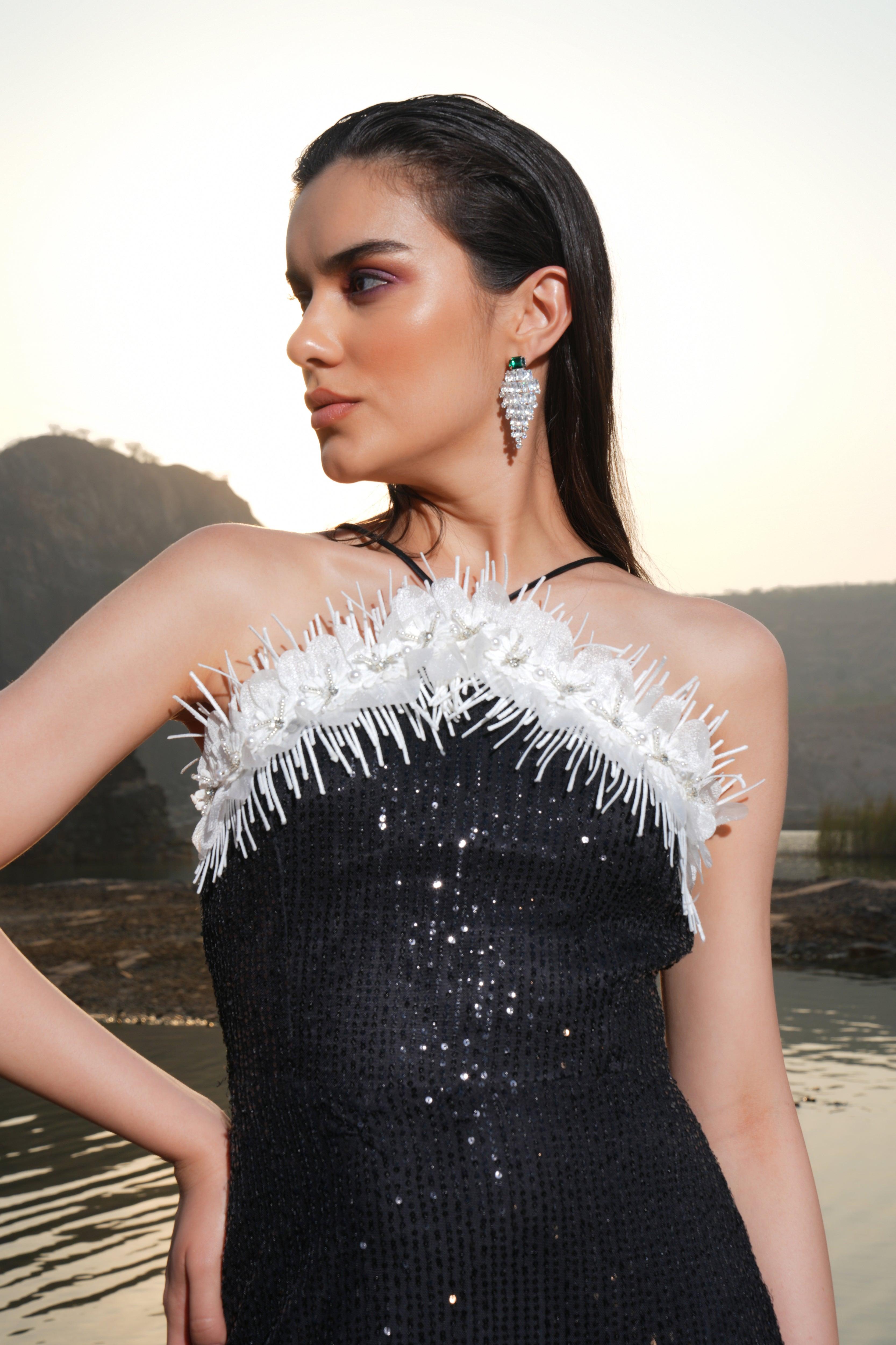 BLACK SEQUIN LACE DRESS