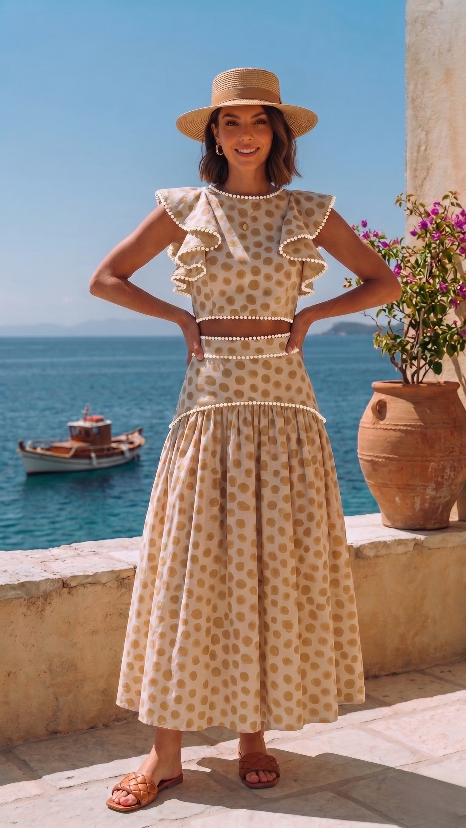 CREAM POLKA SKIRT SET