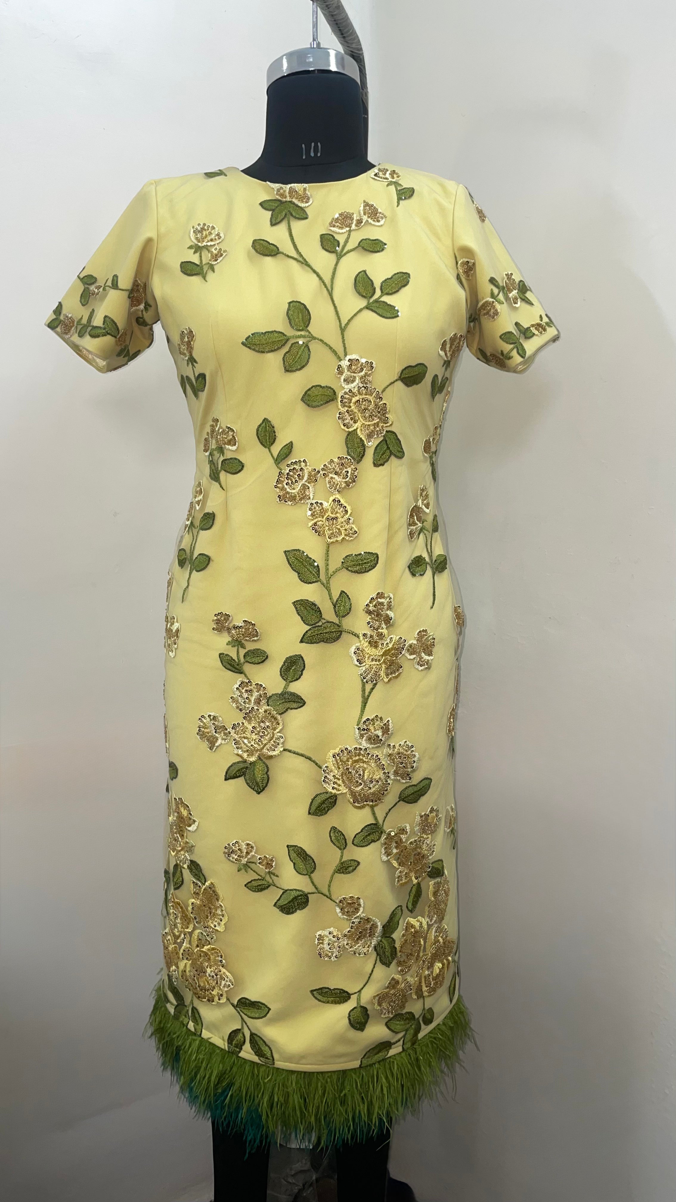 YELLOW FLORAL BEADED  FEATHER DRESS