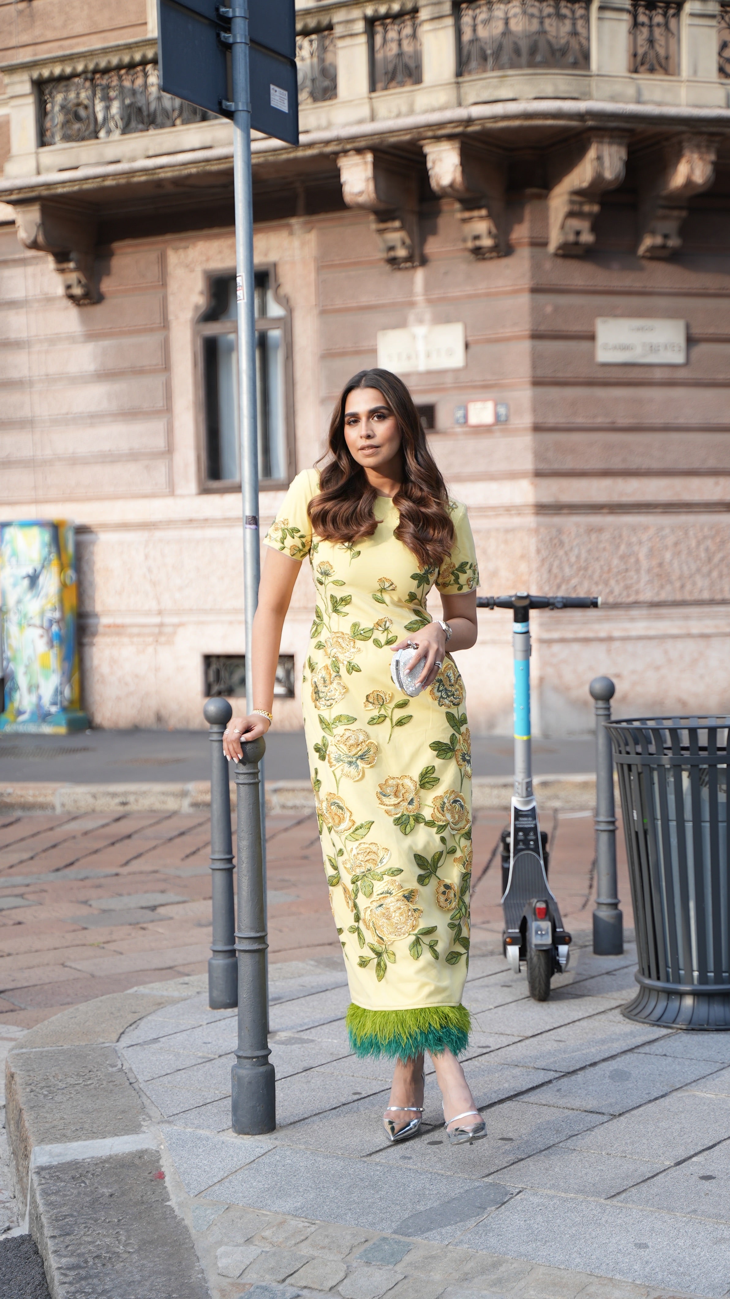YELLOW FLORAL BEADED  FEATHER DRESS