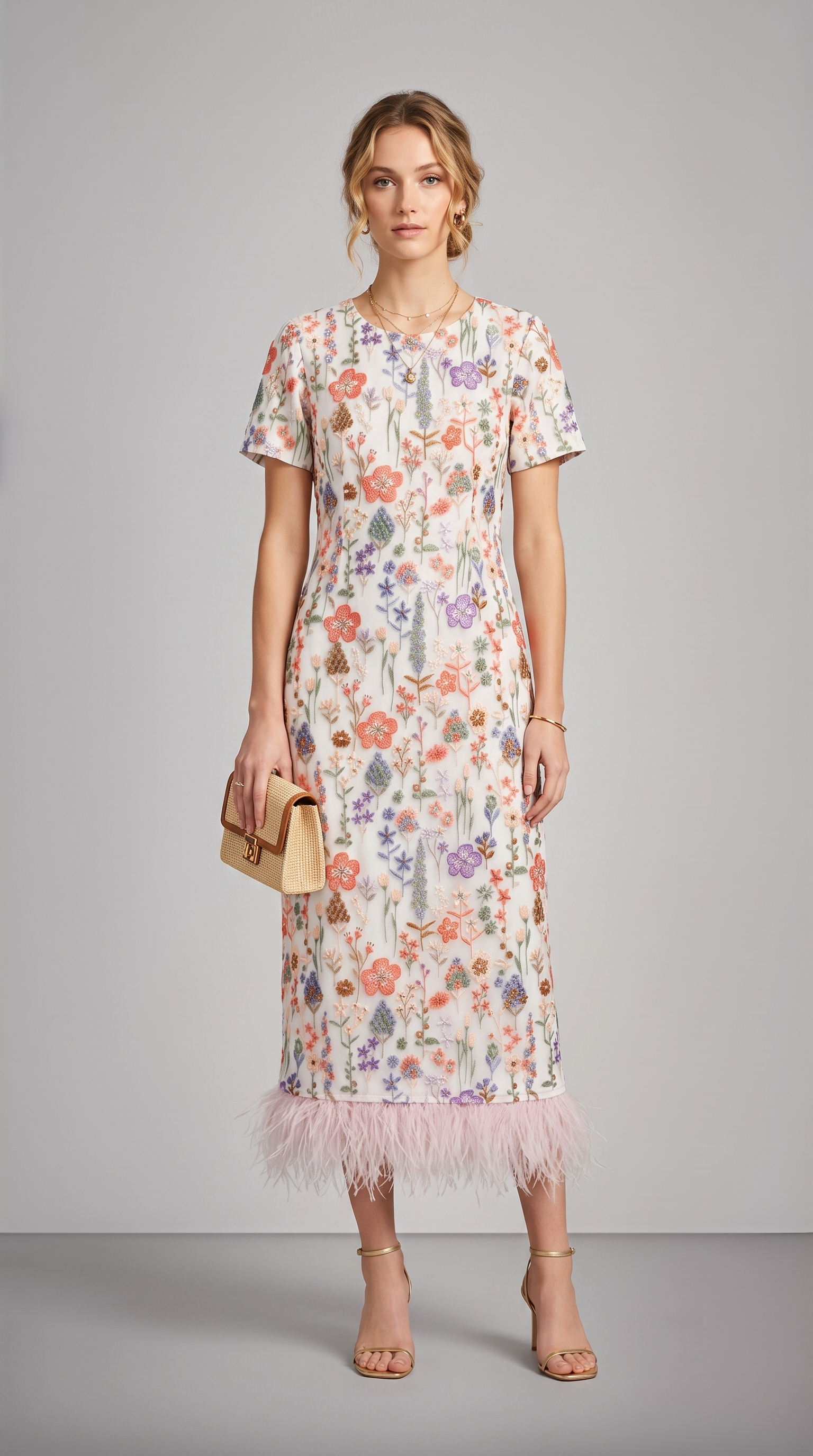 IVORY EMBROIDERED FLORAL FEATHER DRESS