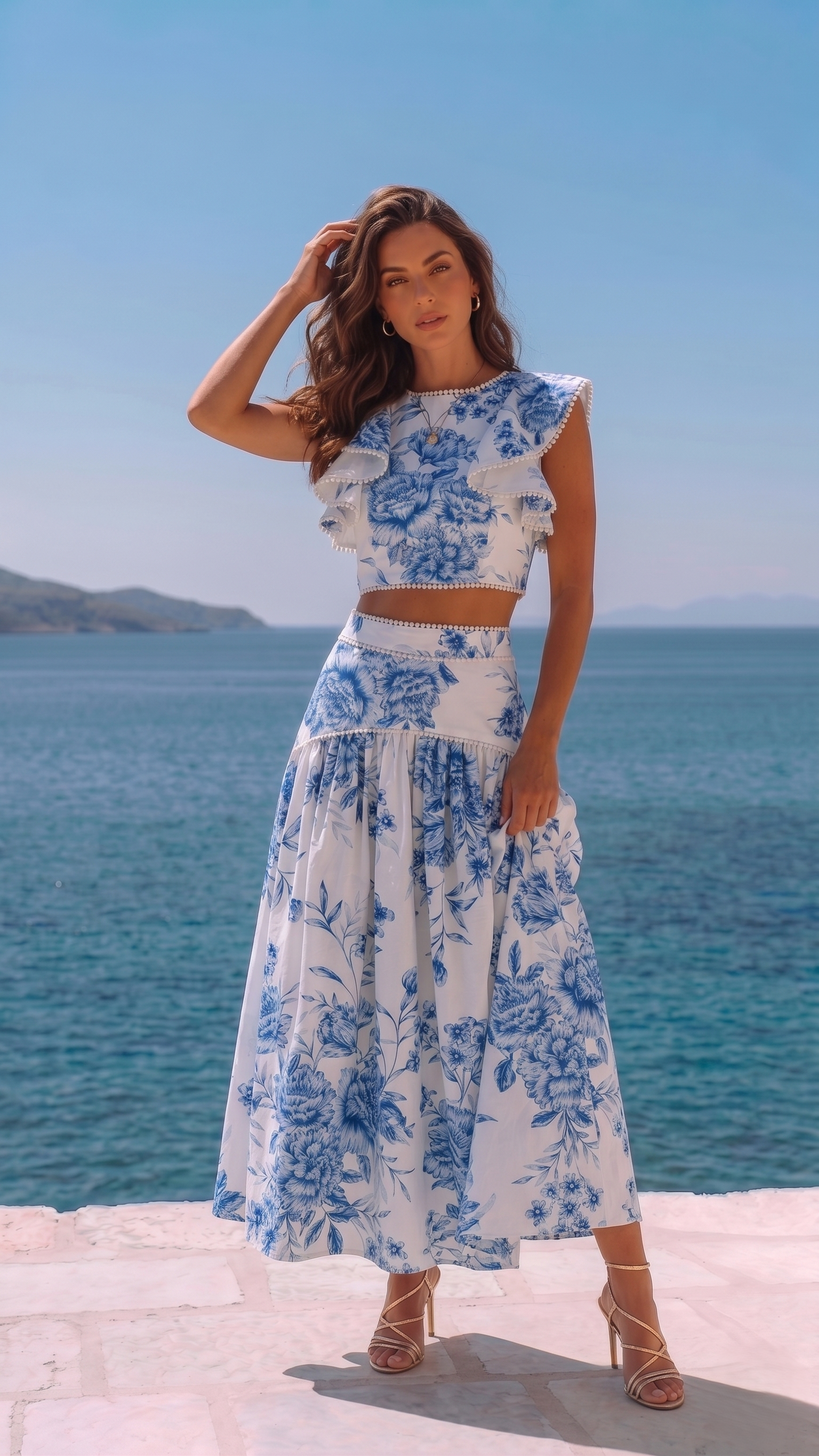 WHITE AND BLUE FLORAL SKIRT SET